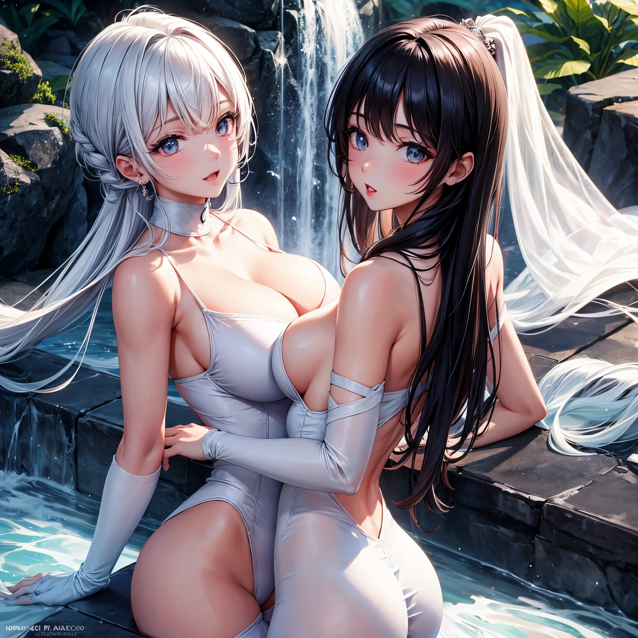 Girl in a white bodysuit with a deep neckline, beautiful slim shaped face with big ass and tits. Red lips black beautiful hair