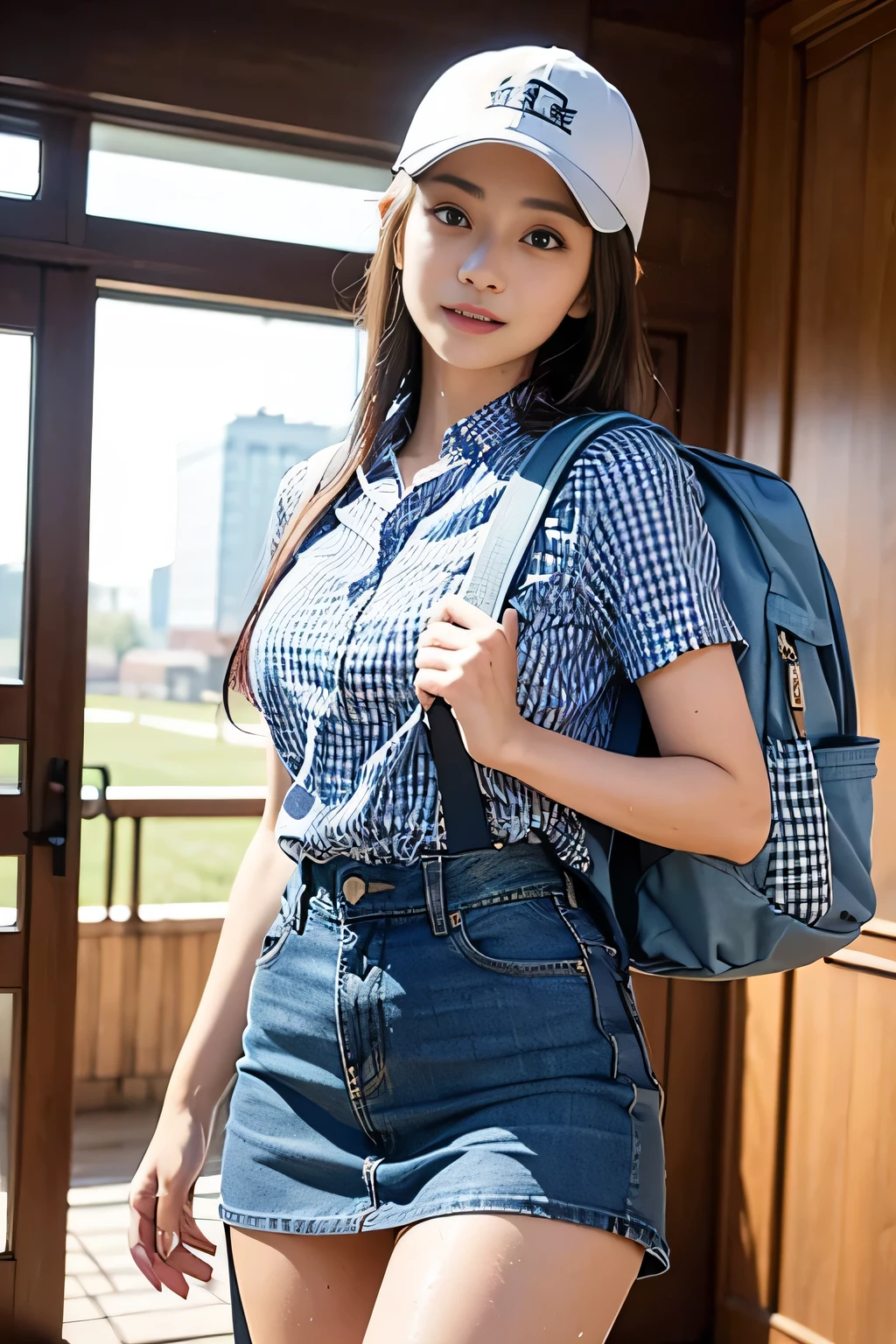 (Natural Landscape Photography), (highest quality), table top:1.2, ultra high resolution, ((cowboy shot:1.4))、realistic:1.4, RAW photo, ((Inside the entrance of a mansion:1.4)), (wide angle shot), ((blue gingham check short sleeve shirt:1.4)),(1 girl), (Photo from above the knees:1.3), (18-year-old), (Happy:1.2), (wet skin), (real skin), (medium long hair, dark brown hair)、 ((Denim skirt with emphasis on thighs:1.4)),((Wearing a baseball cap upside down:1.4))、 ((carrying a backpack:1.4)), (highly detailed face), (Super Beautiful Maid), (highly detailed eyes), (highly detailed nose), (highly detailed mouth), (super precise arm), (Ultra-Definition Body), pan focus, look at the audience、smile