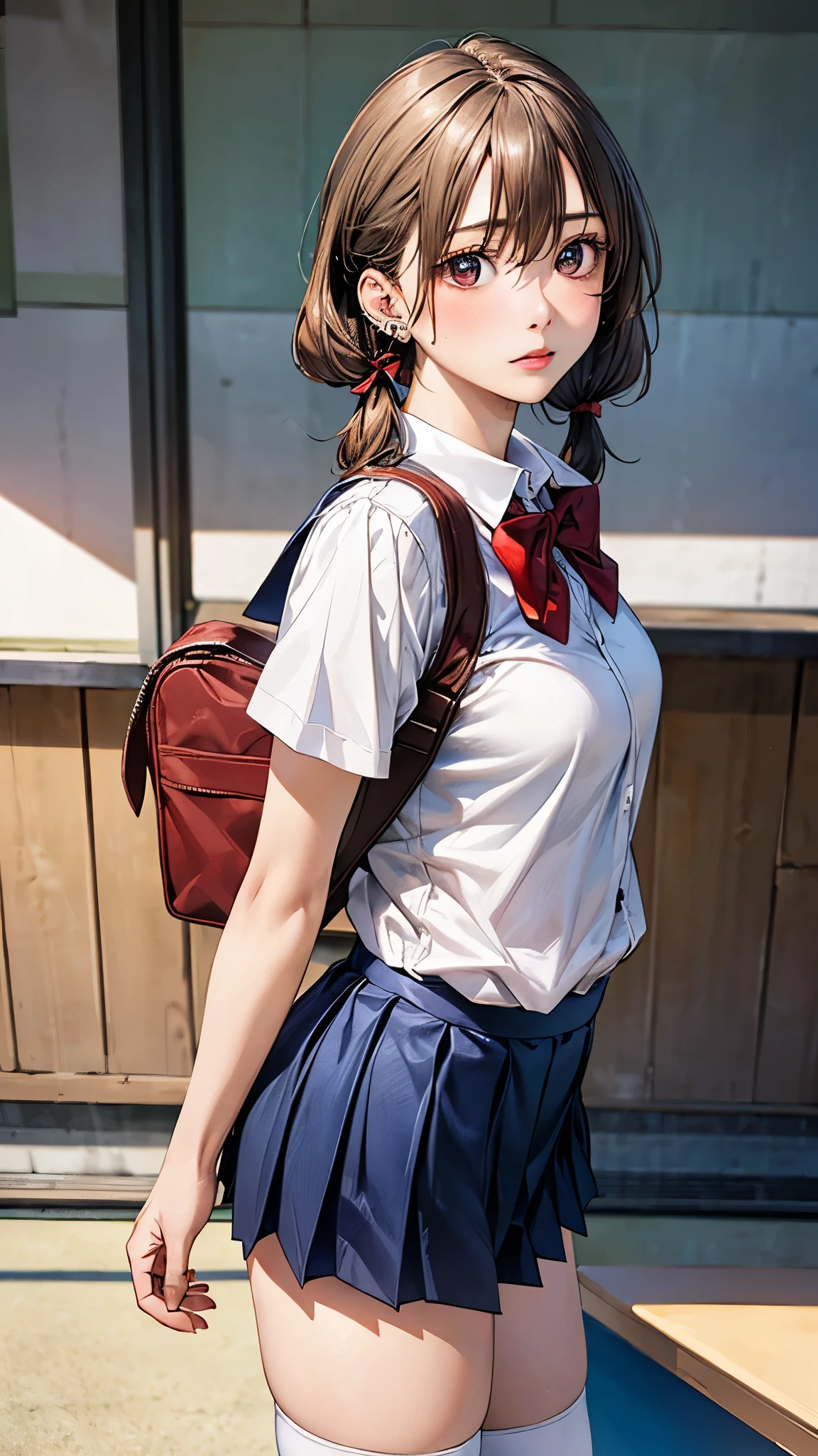 (masterpiece:1.2, top-quality), (realistic, photorealistic:1.4), beautiful illustration, (natural side lighting, movie lighting), 
looking at viewer, fullbody, 1 girl, japanese, high school girl, perfect face, cute and symmetrical face, shiny skin, babyface, 
(short hair, low twintails, light brown hair), hair between eyes, brown eyes, big eyes, drooping eyes, (middle breasts, seductive thighs, big ass), piercings, 
beautiful hair, beautiful face, beautiful detailed eyes, beautiful clavicle, beautiful body, beautiful chest, beautiful thigh, beautiful legs, beautiful fingers, 
((white collared shirt, navy blue pleated miniskirt, red bow tie, white socks)), brown school bag, 
(beautiful scenery), evening, school gymnasium, ping-pong table, standing, (surprised), 