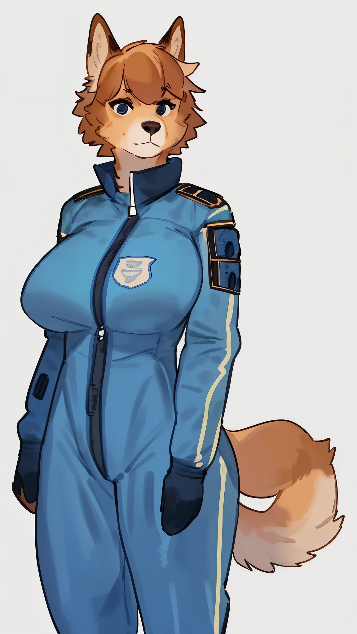 By bebebebebe, by lostgoose, by goonie-san, female, ((canine, snout, hair covering eyes, straight hair, medium hair, flat hair, ears, thin snout)), brown fur, big poofy tail, raised tail, dark maroon hair, (muscular, big breasts), solo, smiling, (((vault suit, vault jumpsuit))), view from behind, focus on butt, nice butt, skintight bodysuit, fallout, ((number 11 on back))