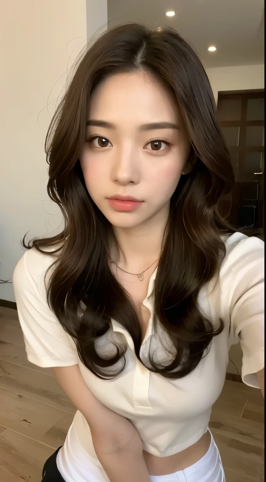 ((best quality, 8k, masterpiece:1.3)), focus:1.2, Beautiful woman with perfect body:1.4, raised buttocks:1.2, ((Random long thick hairstyle) ((Brown curly hair))(White and long legs:1.3,(Polo shirt with shorts:1.2) , (In the playground: 1.2), Highly detailed facial and skin textures, delicate eyes, double eyelids,whiten skin,(straight big breasts:1.3), looking at camera, wear necklace,