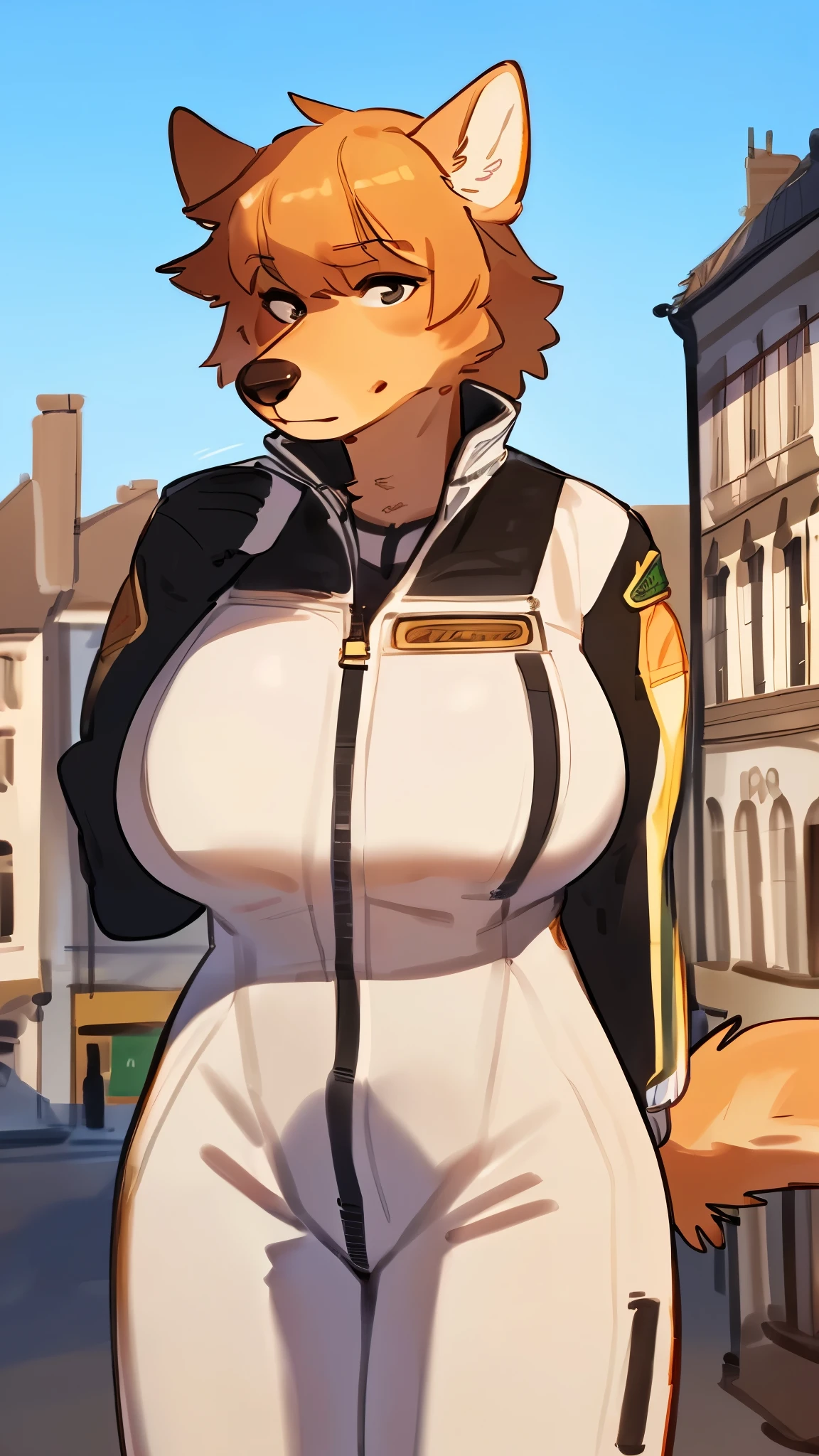 by bebebebebe, by lostgoose, by goonie-san, solo, female, standing, ((snout, hair, hair, beagle)), detailed eyes, french city, open mouth, smiling, happy, ((designer clothes, versace)), big breasts