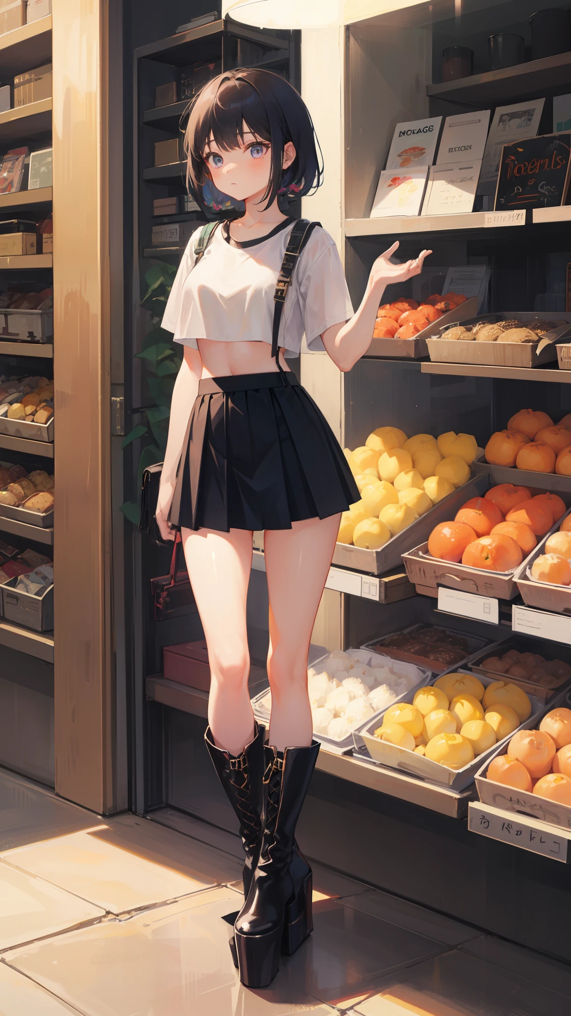 1girl, croptop, goth, fishnets, platform boots, short skirt