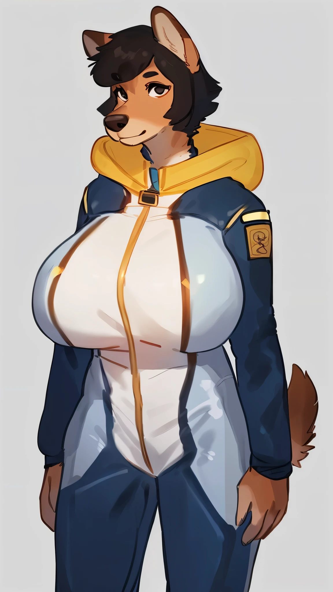 By bebebebebe, by lostgoose, by goonie-san, solo, female, canine, (((hair, doodle))), standing, (tail, snout, detailed eyes), standing, (french city), ((burberry spacesuit)), adult, mature, big breasts