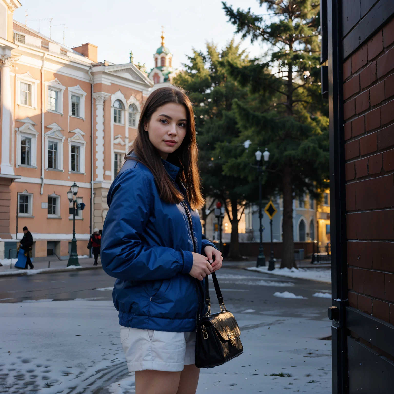 Against the backdrop of Peterhof in winter