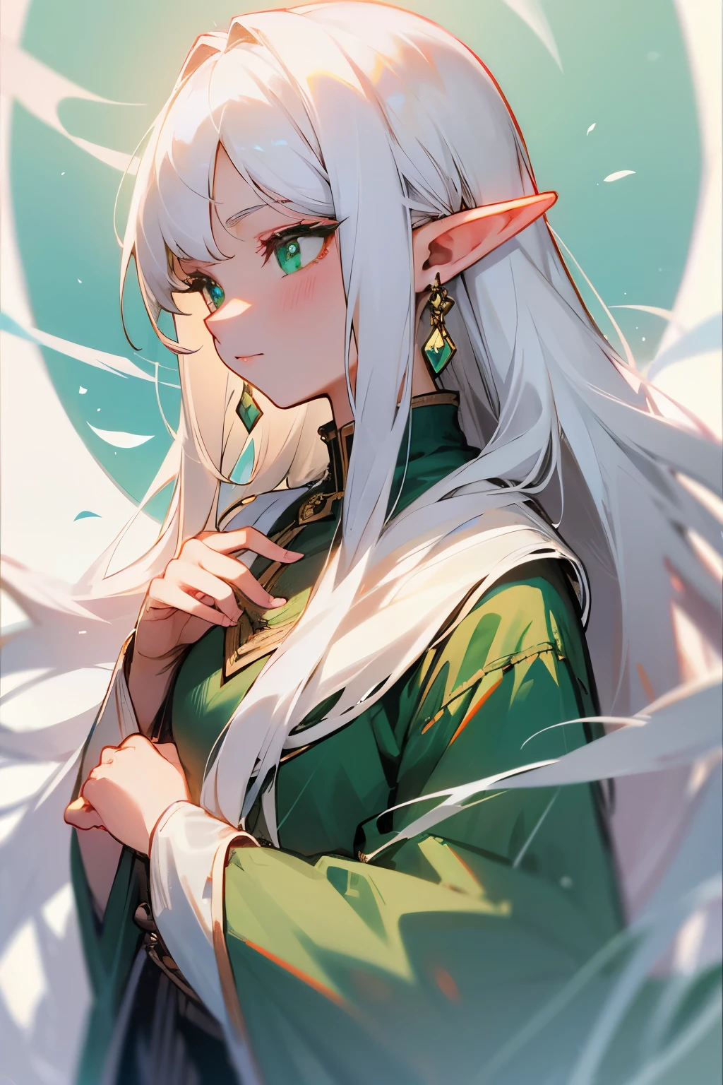 elf, long white hair, green eyes, half moon earrings