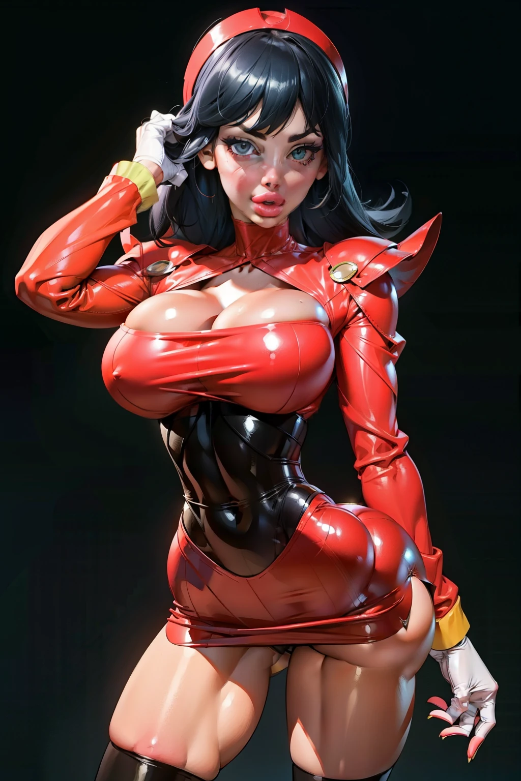 Generate an illustration of a mature Sabrina, gym leader of pokemon, (large shoulder pads), black gloves, (Aletta ocean face), hairband, holding a poke all, de terno preto, long straight hair, hair flows straight down, (dark black hair), Red outfit in anime format with a serious style, black corset, black boots, gothic make up, masterpiece, dark lighting, black background, puffy lips,slendered abs, beautiful face,