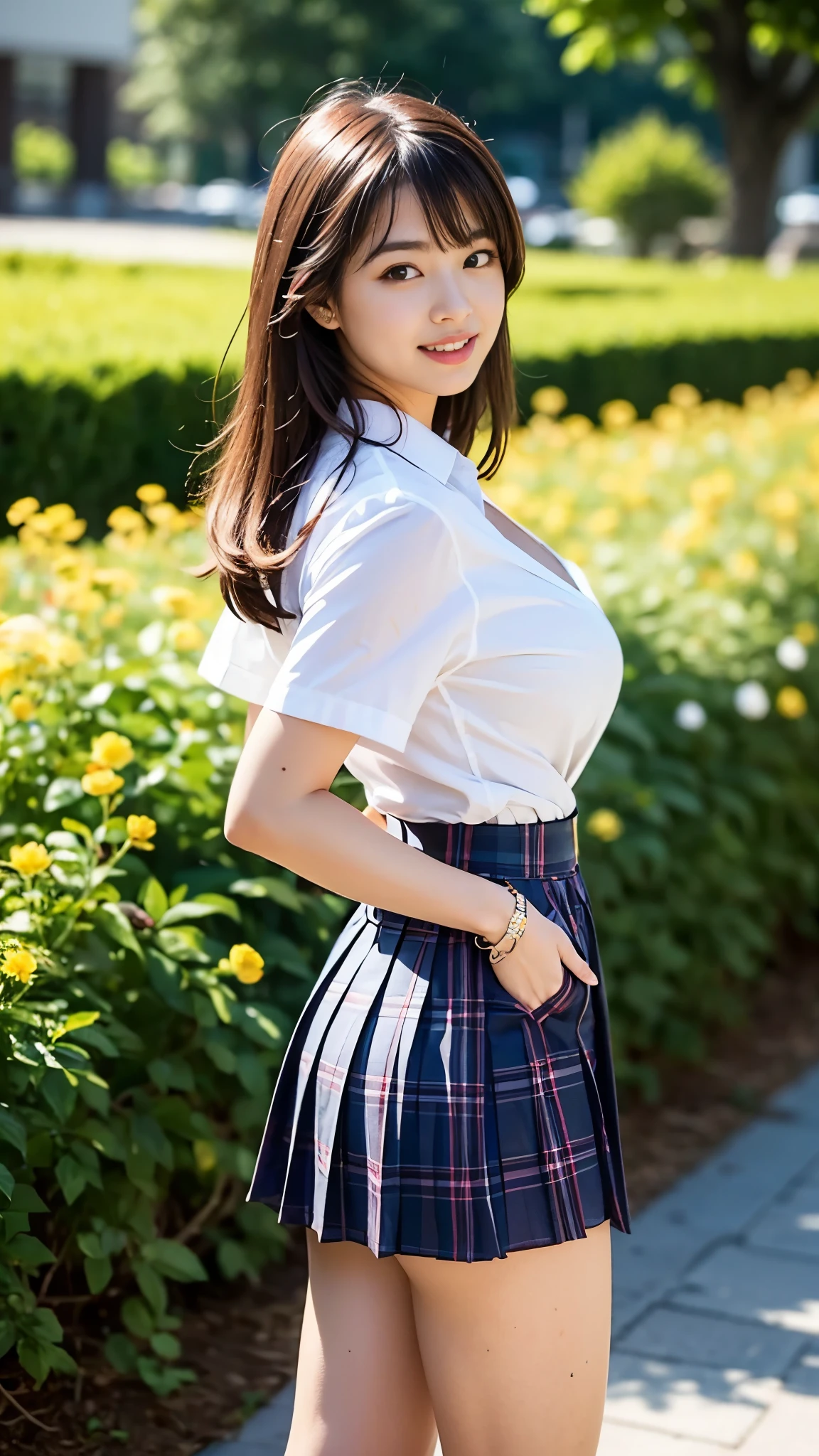 NSFW, 8K RAW photo, highest quality, masterpiece, ultra high resolution, film grain, movie, 1 girl, looking at the viewer, natural skin texture, Realistic eye and face details, full lips, lipstick, (compensate), red eyeshadow, Fluffy shorthair, messy hair, smile, close your mouth, beautiful foot, tall woman, skinny, slim_foot, alone, huge breasts, cleavage, pose with your butt facing yourself, super short skirt, teeth, shirt, beautiful natural location, Around the flower place, (detailed background), Plaid skirt, white shirt, huge breasts, cleavage, Show a little cleavage through the shirt, loafers, blurry background, blurry, holding, Plaid, short sleeve, JK ribbon on the neck, JK ribbon, brown hair, bracelet, water, bangs, school uniform, jewelry, parted lips, lips, From the side, pleated skirt, Depth of bounds written