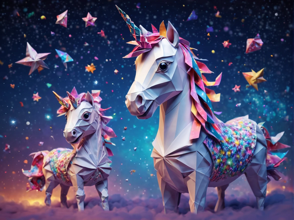 Full scene. mini ponytailed unicorn portraits, big smile to the camera, starry sky, zentangled, origami, 3d crunch, magical flashes and explosions crossing the horizon,