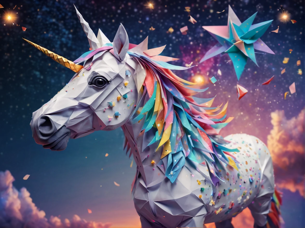Full scene. mini ponytailed unicorn portraits, big smile to the camera, starry sky, zentangled, origami, 3d crunch, magical flashes and explosions crossing the horizon,