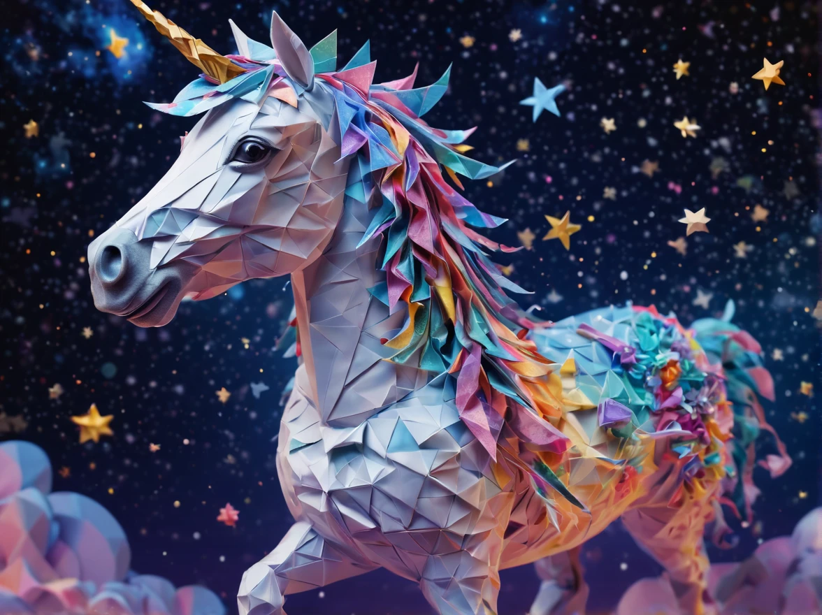 Full scene. mini ponytailed unicorn portraits, big smile to the camera, starry sky, zentangled, origami, 3d crunch, magical flashes and explosions crossing the horizon,