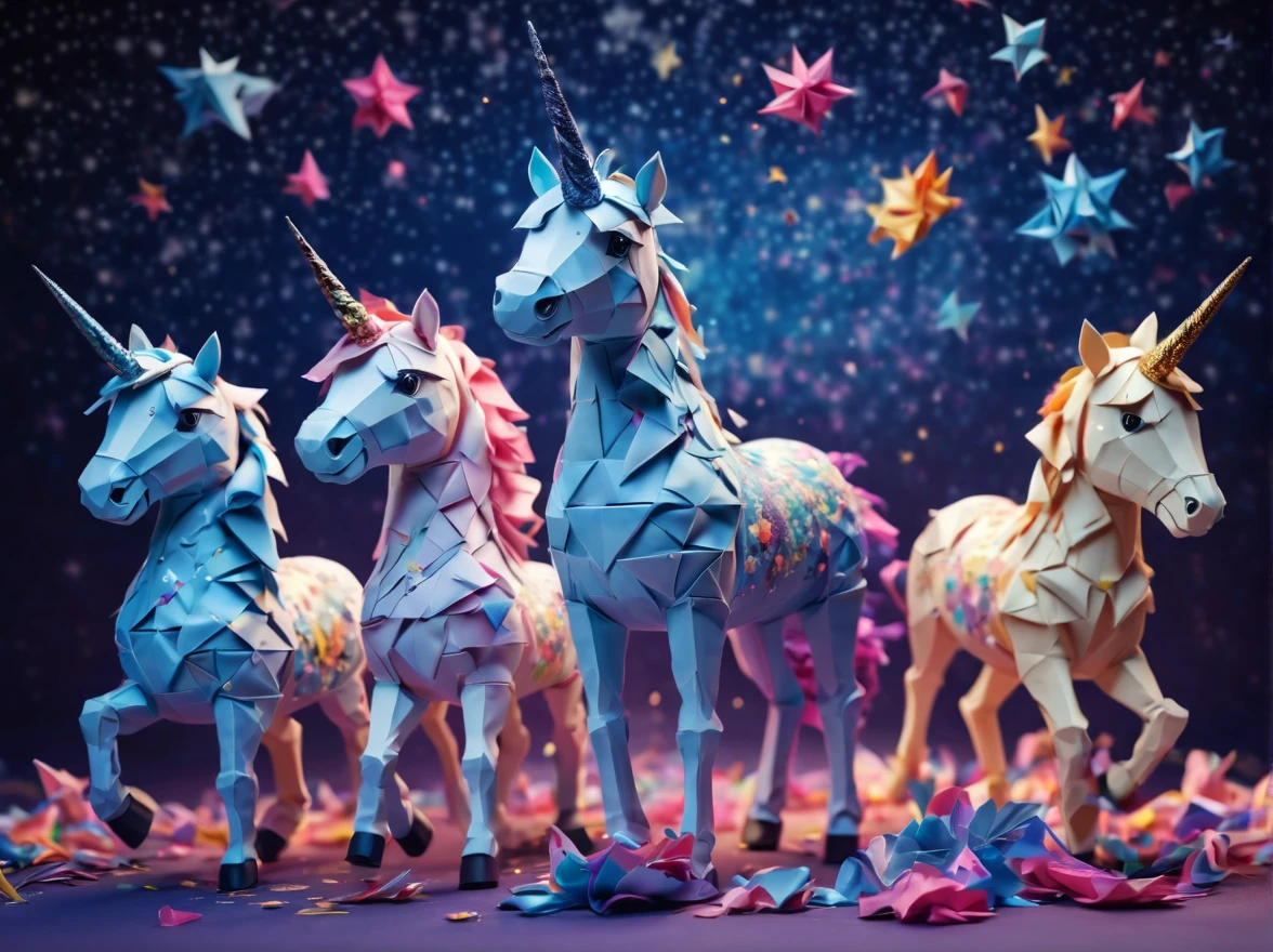 Full scene. mini ponytailed unicorn portraits, big smile to the camera, starry sky, zentangled, origami, 3d crunch, magical flashes and explosions crossing the horizon,