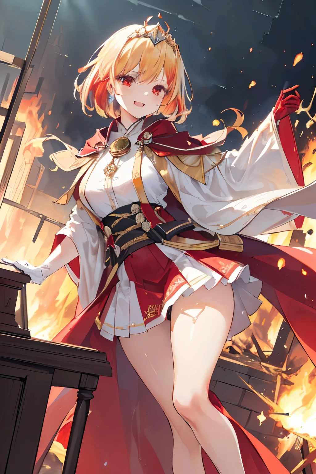(((1girl))), ((best quality)), ((masterpiece)), ((ultra-detailed)), (illustration), (detailed light), (an extremely delicate and beautiful), (beautiful detailed eyes), (sunlight), ((extremely light)), ((extremely clothes)), (((hyper detail))),(((((front lighting))))),(((((front light))))),
((((quite adorable and more erotic red Wizard's robe with a brief skirt and wizard tiara)))), (((Highest Class Wizard))),
,
((wavy short manish bob)), ((((yellow gold hair)))),
(((ruby red eyes))),
(((whole body))), aged 8 to 12, ((((())))),
((condescending expression)), ((mischievous smile with sexual satisfaction)), (((extra adorable))), (((((extra slender shape))))),
(((extremely beautiful detailed face))), (((surrounded by too many deadly sparks))),
(((((attacking enemies by a spell of quite heavy squall of deadly fire))))),
(((((Dutch angle))))), (((white gloves))), (a little bit exposed pure red panties)
