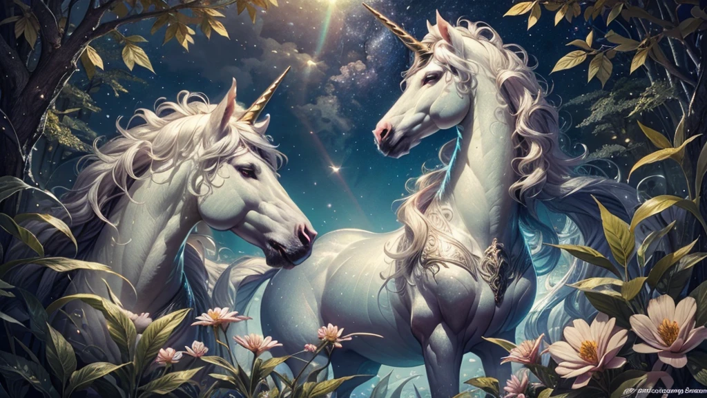 (ultra-detailed,highres,masterpiece:1.2),illustration,unicorn,rainbow,flowers,vivid colors,beautiful,happiness,star-filled sky,dreamy,imaginative,detail-focused,whimsical,soft pastel colors,glowing,enchanted forest,leaves gently falling,serene,mesmerizing,breath-taking