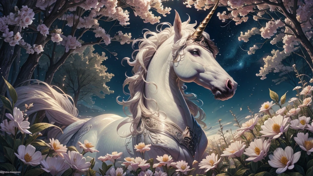 (ultra-detailed,highres,masterpiece:1.2),illustration,unicorn,rainbow,flowers,vivid colors,beautiful,happiness,star-filled sky,dreamy,imaginative,detail-focused,whimsical,soft pastel colors,glowing,enchanted forest,leaves gently falling,serene,mesmerizing,breath-taking