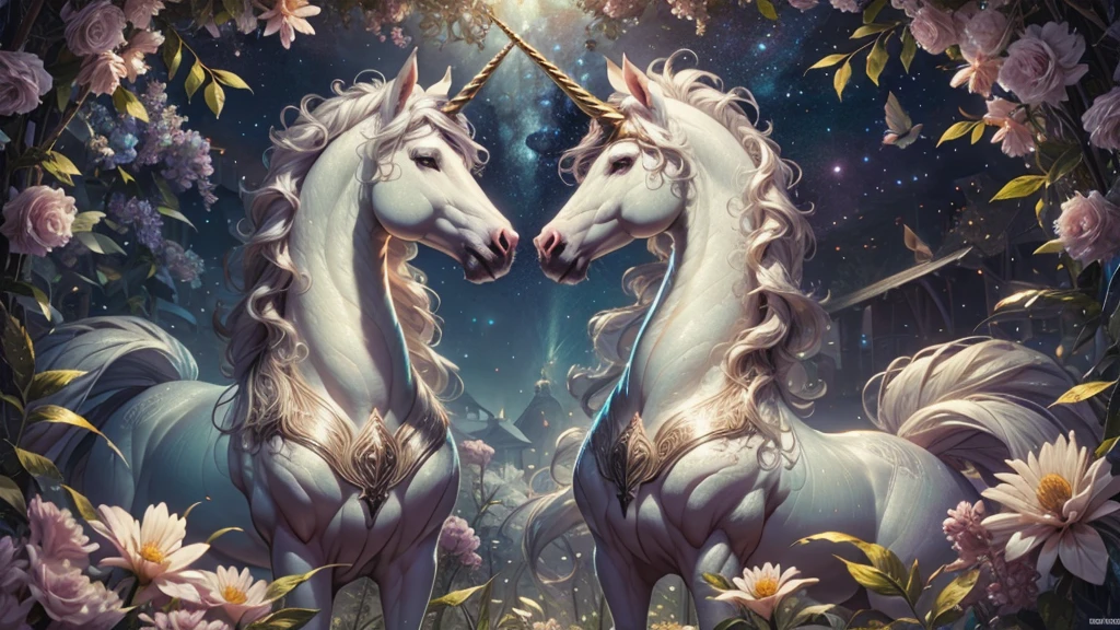 (ultra-detailed,highres,masterpiece:1.2),illustration,unicorn,rainbow,flowers,vivid colors,beautiful,happiness,star-filled sky,dreamy,imaginative,detail-focused,whimsical,soft pastel colors,glowing,enchanted forest,leaves gently falling,serene,mesmerizing,breath-taking