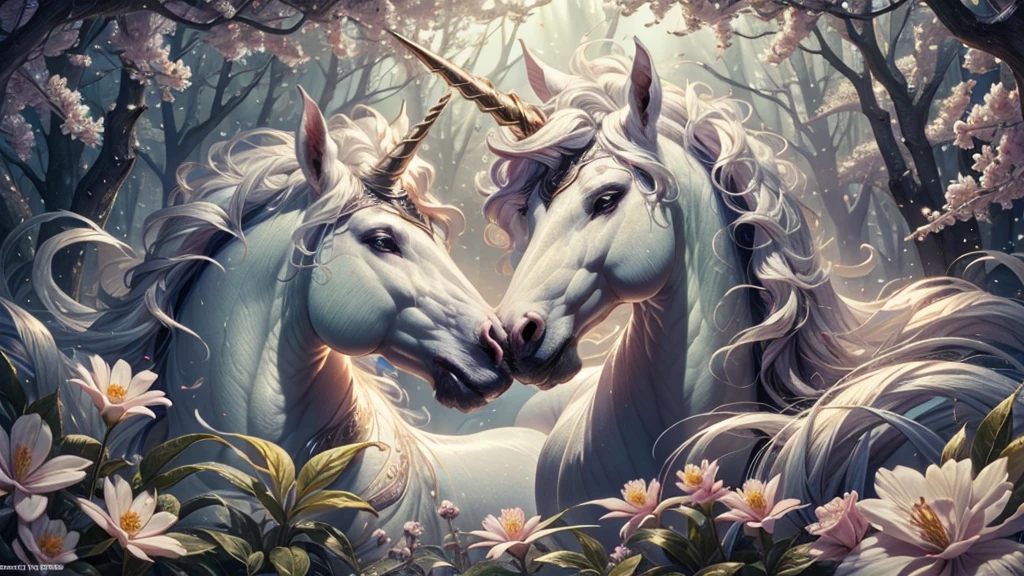 (ultra-detailed,highres,masterpiece:1.2),illustration,unicorn,rainbow,flowers,vivid colors,beautiful,happiness,star-filled sky,dreamy,imaginative,detail-focused,whimsical,soft pastel colors,glowing,enchanted forest,leaves gently falling,serene,mesmerizing,breath-taking