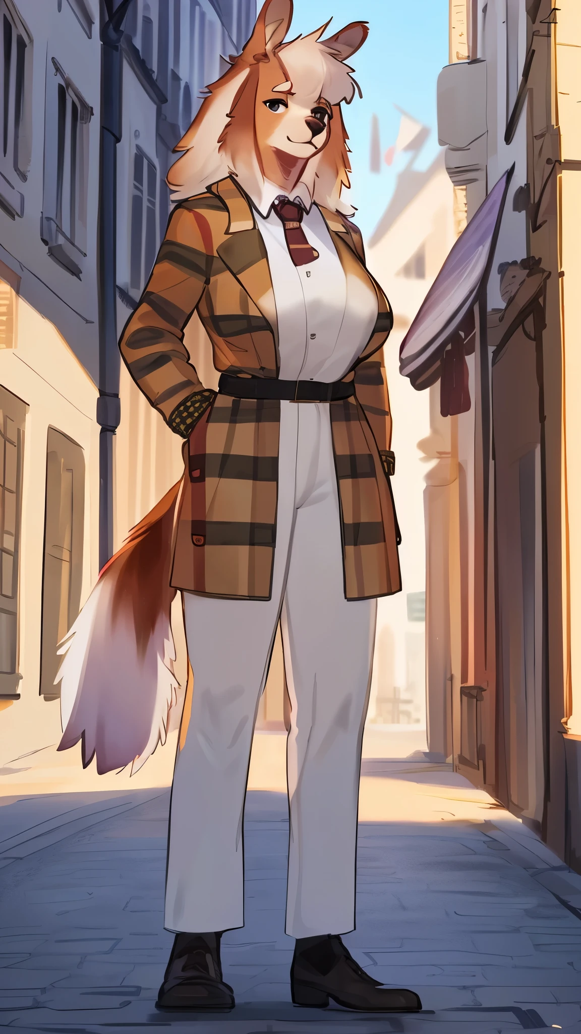 By bebebebebe, by lostgoose, by goonie-san, solo, female, canine, (((hair, sheltie))), standing, (tail, snout, detailed eyes), standing, (french city), ((burberry outfit)), big breasts