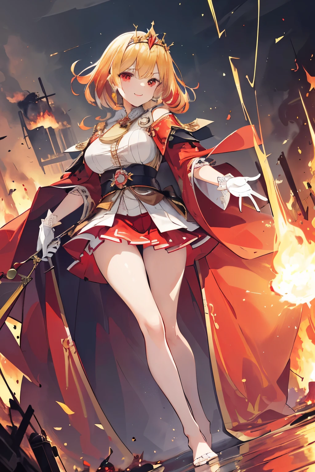(((1girl))), ((best quality)), ((masterpiece)), ((ultra-detailed)), (illustration), (detailed light), (an extremely delicate and beautiful), (beautiful detailed eyes), (sunlight), ((extremely light)), ((extremely clothes)), (((hyper detail))),(((((front lighting))))),(((((front light))))),
((((quite adorable and more erotic red Wizard's robe with a brief skirt and wizard tiara)))), (((Highest Class Wizard))),
,
((wavy short manish bob)), ((((yellow gold hair)))), (((short hair))),
(((ruby red eyes))),
(((whole body))), aged 8 to 12, ((((())))),
((condescending expression)), ((mischievous smile with sexual satisfaction)), (((extra adorable))), (((((extra slender shape))))),
(((extremely beautiful detailed face))), (((surrounded by too many falling deadly sparks and flames))),
(((((attacking enemies by a spell of heavy squall of deadly sparks))))),
(((((Dutch angle))))), (((white gloves))), a little bit exposed pure red panties