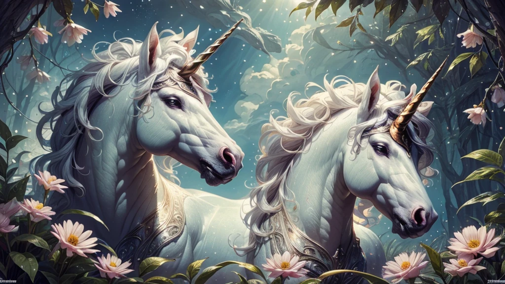 (ultra-detailed,highres,masterpiece:1.2),illustration,unicorn,rainbow,flowers,vivid colors,beautiful,happiness,star-filled sky,dreamy,imaginative,detail-focused,whimsical,soft pastel colors,glowing,enchanted forest,leaves gently falling,serene,mesmerizing,breath-taking