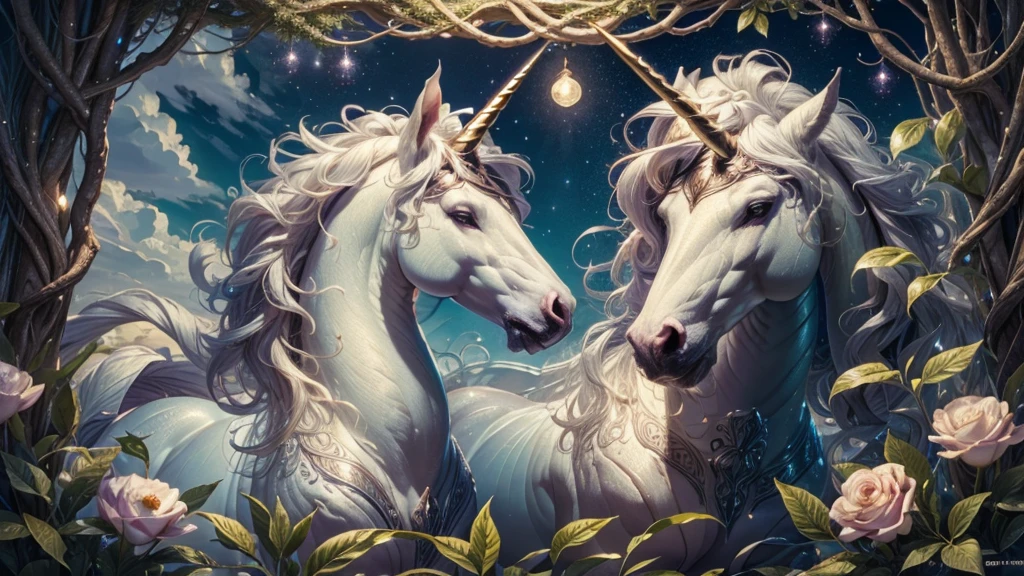 (ultra-detailed,highres,masterpiece:1.2),illustration,unicorn,rainbow,flowers,vivid colors,beautiful,happiness,star-filled sky,dreamy,imaginative,detail-focused,whimsical,soft pastel colors,glowing,enchanted forest,leaves gently falling,serene,mesmerizing,breath-taking