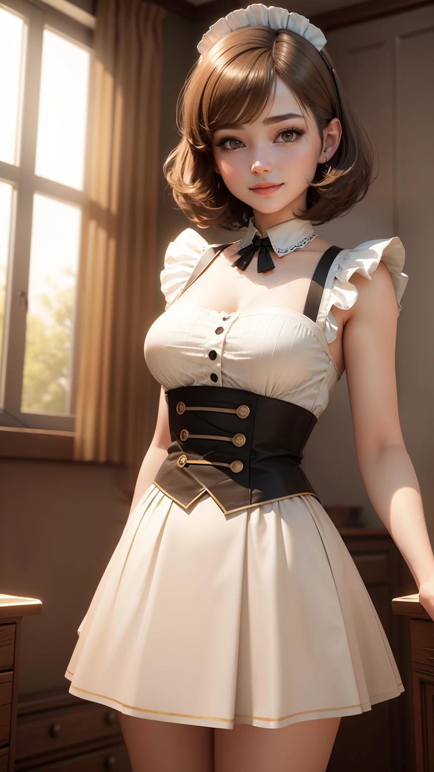 highest quality, masterpiece, 1 girl, light smile, dramatic lighting, from below、maid cosplay、mini skirt、Light Brown Short Bob Hair、bedroom、3D rendering