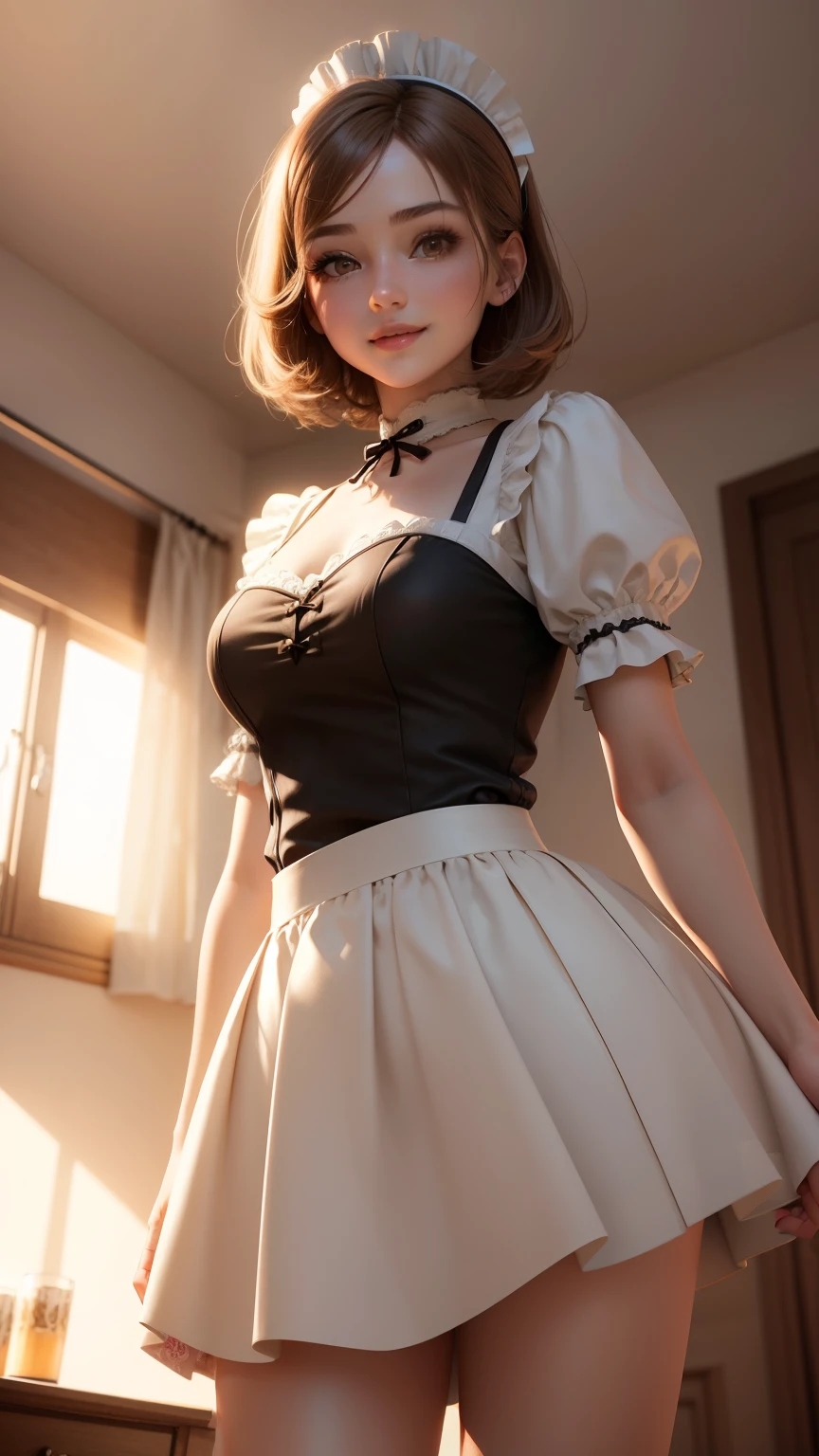 highest quality, masterpiece, 1 girl, light smile, dramatic lighting, from below、maid cosplay、mini skirt、Light Brown Short Bob Hair、bedroom、3D rendering