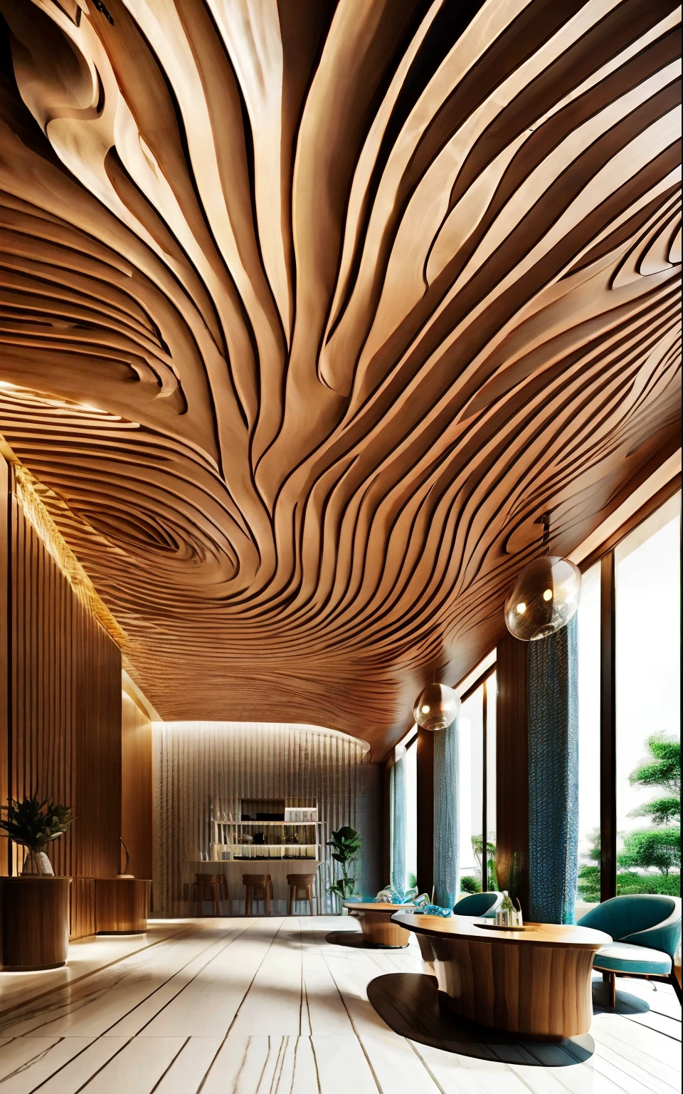 Hotel lobby water corrugated ceiling, (lifelike:1.2),Ocean style theme,There are oriental elements。High quality details。8K