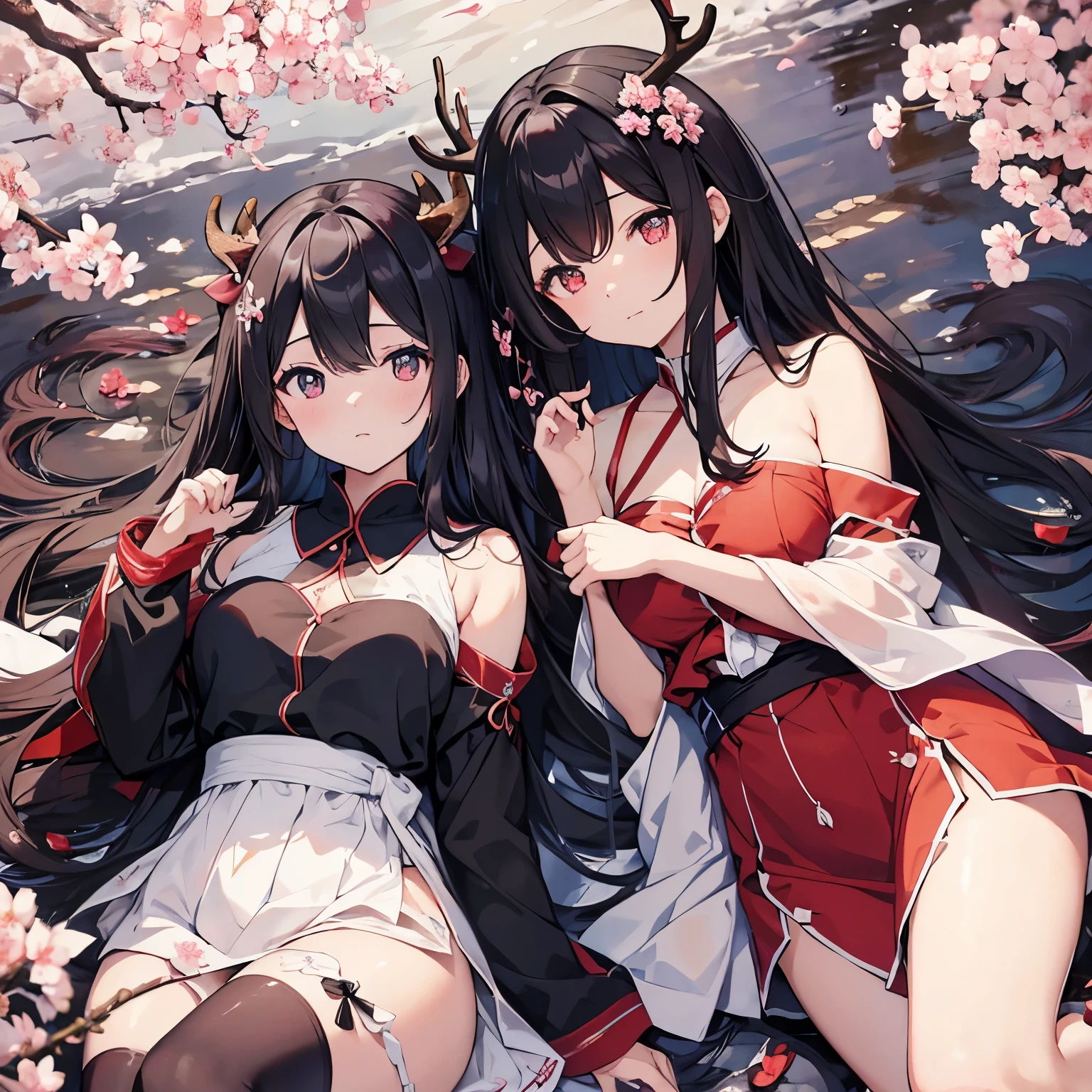 Cherry Blossom,black hair,long hair,water,water面に寝転んでいる,Cherry colored eyes,deer with large white horns,dragon,null,god々New,