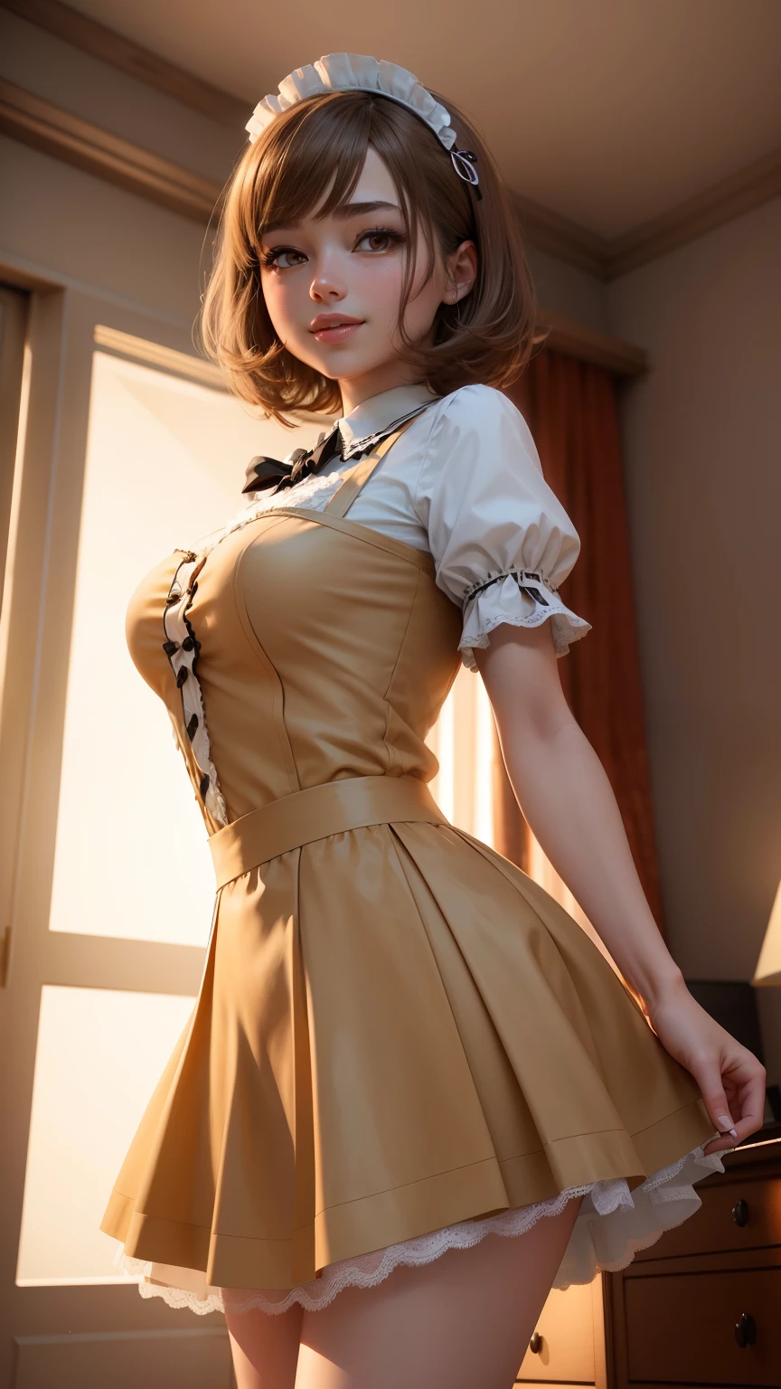 highest quality, masterpiece, 1 girl, light smile, dramatic lighting, from below、maid cosplay、mini skirt、Light Brown Short Bob Hair、bedroom、3D rendering