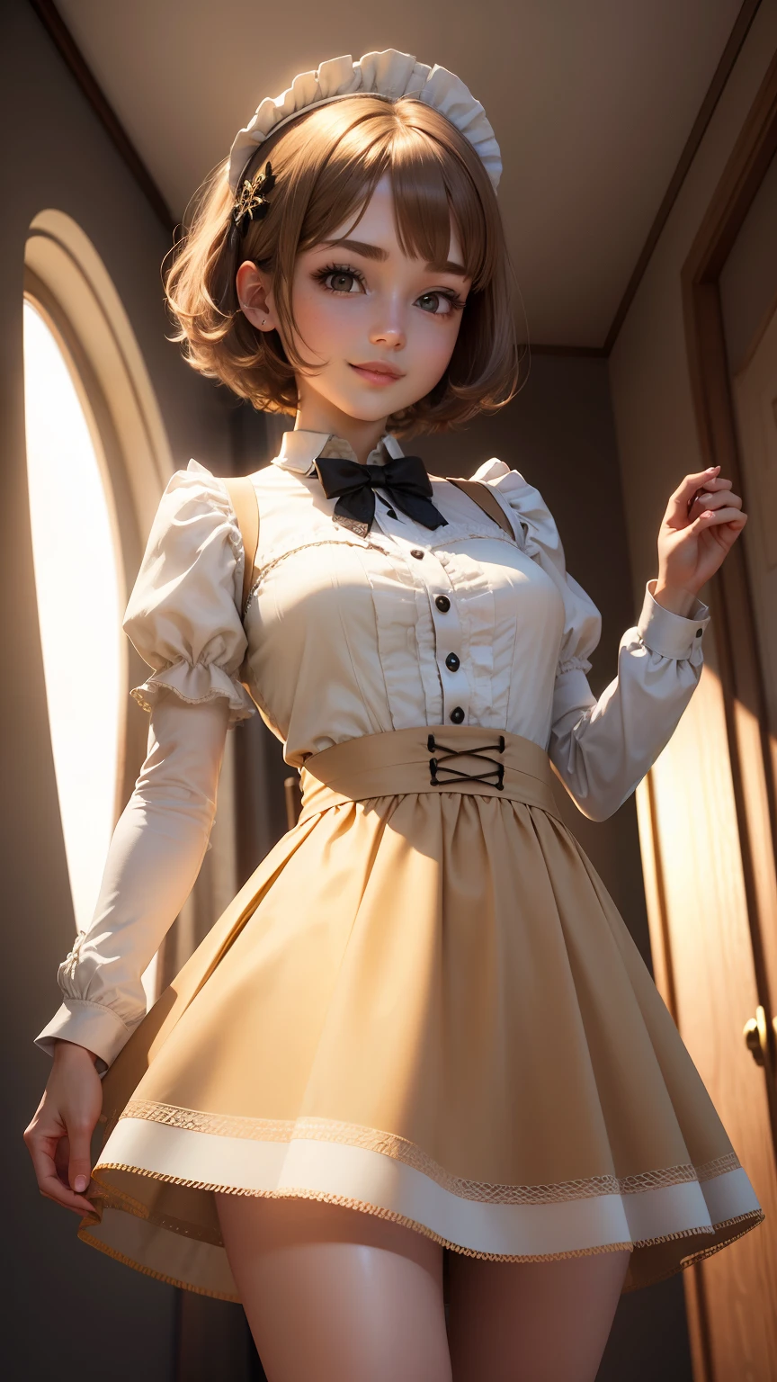 highest quality, masterpiece, 1 girl, light smile, dramatic lighting, from below、maid cosplay、mini skirt、Light Brown Short Bob Hair、bedroom、3D rendering