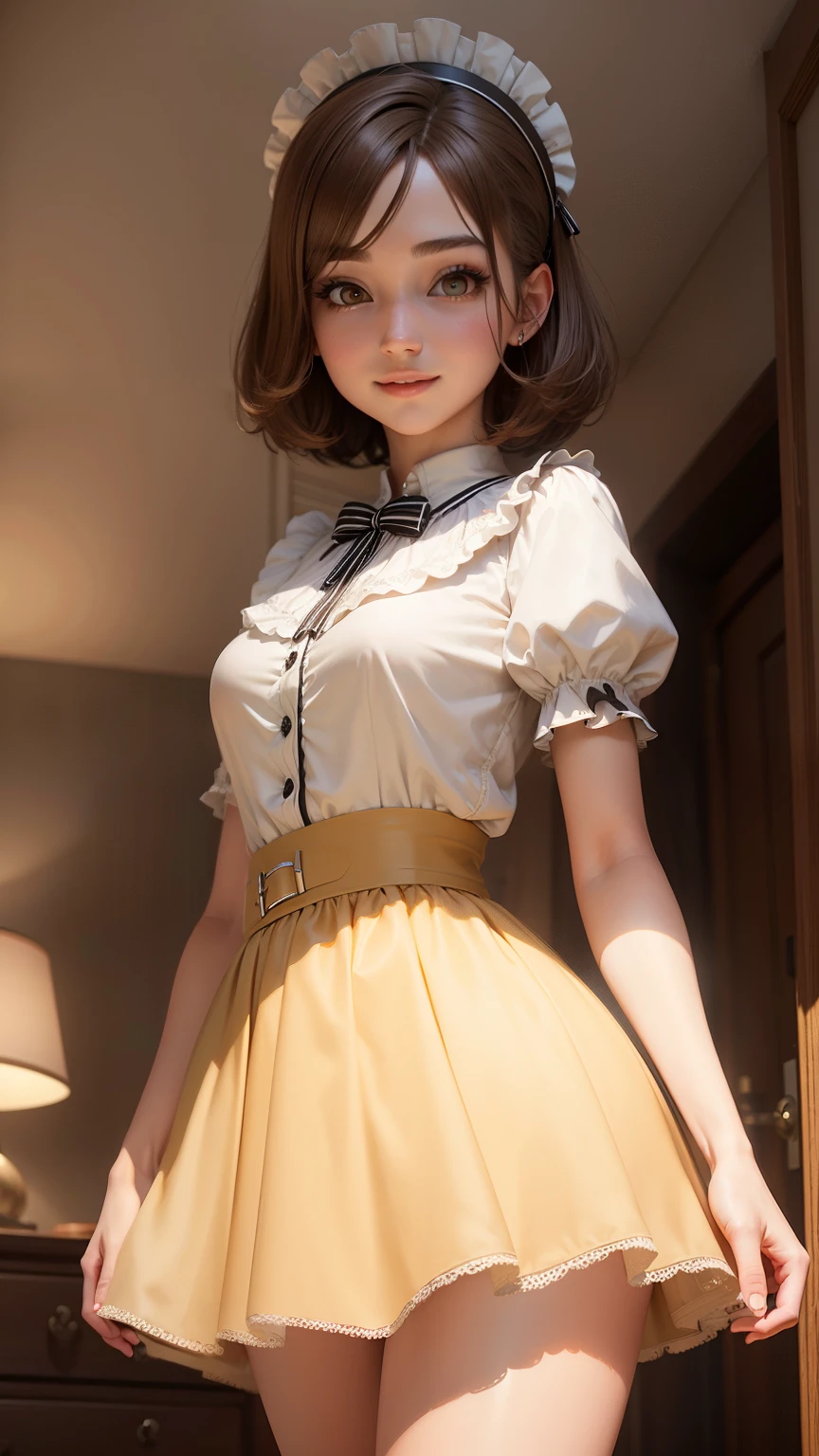 highest quality, masterpiece,  1 girl, light smile, dramatic lighting, from below、maid cosplay、mini skirt、Light Brown Short Bob Hair、bedroom、3D rendering