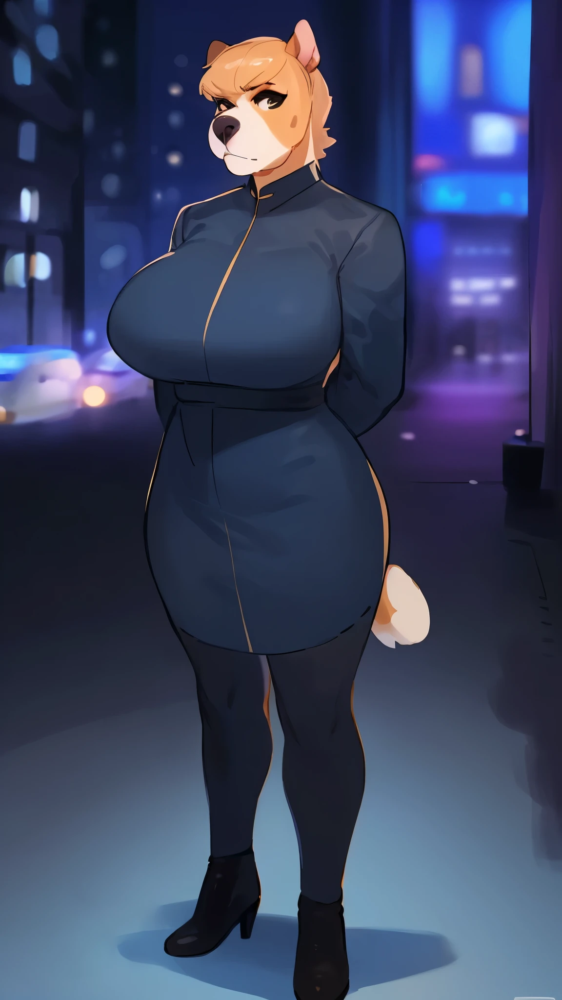 By bebebebebe, by lostgoose, by goonie-san, solo, female, canine, (((hair, bulldog))), standing, (tail, snout, detailed eyes), standing, (french city), ((armani dress suit)), big breasts, big breasts