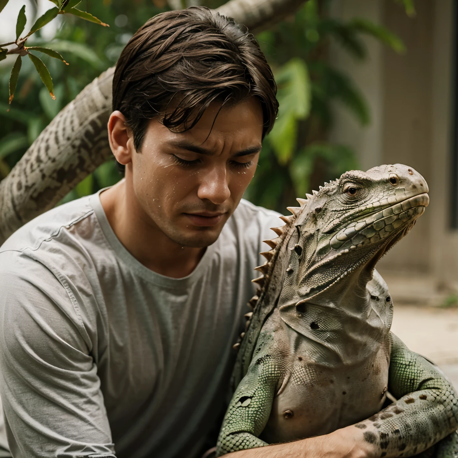 Man cries thinking of iguana