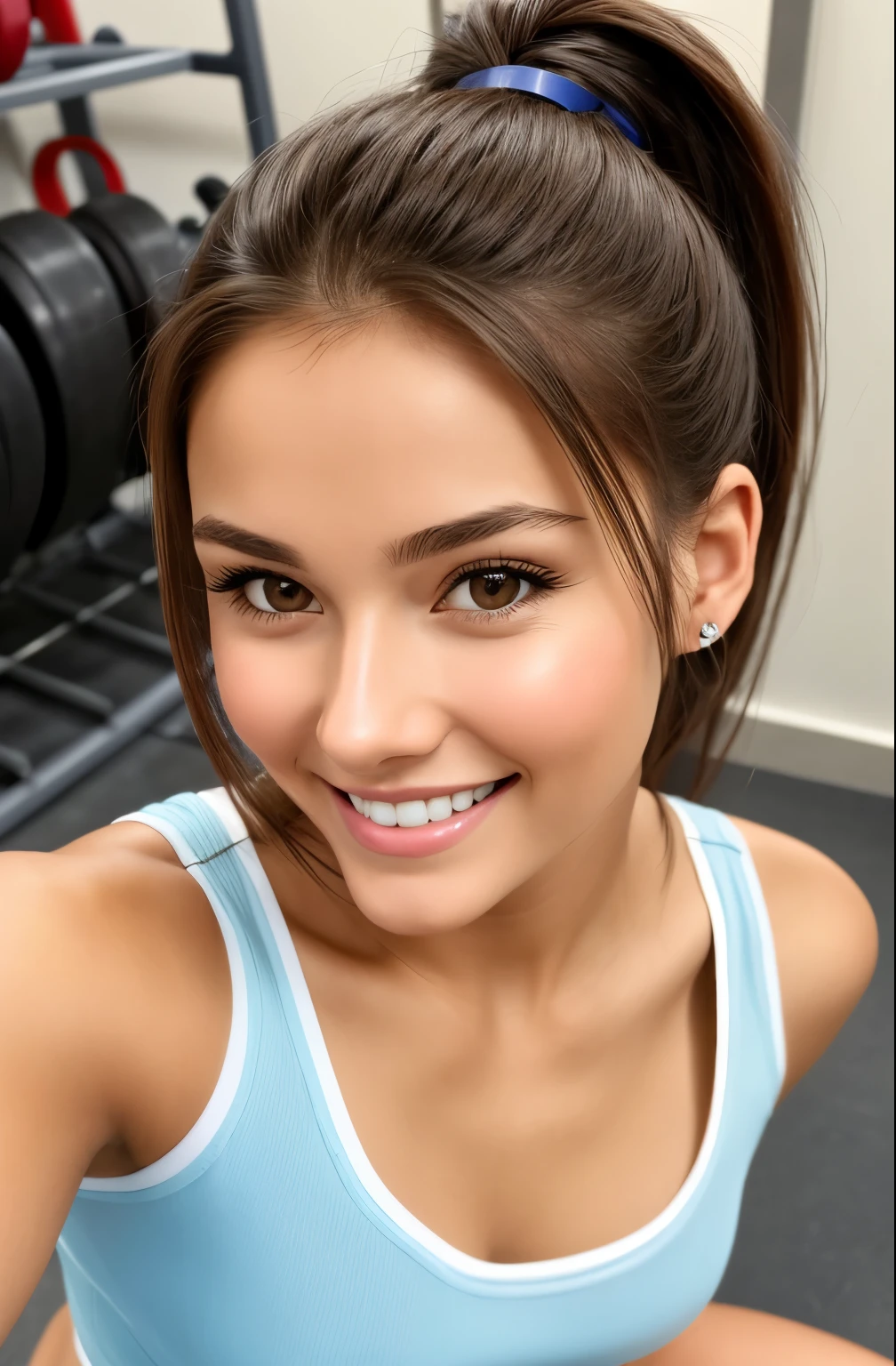 An effortlessly beautiful girl next door, selfie, brown hair, ponytail, sitting in a fitness lockerroom on the floor (Happy, excited smile) fotoreal, Hyperrealismus, best quality, (natural skin structure, very detailed face), Meisterwerk, scharfer Fokus
