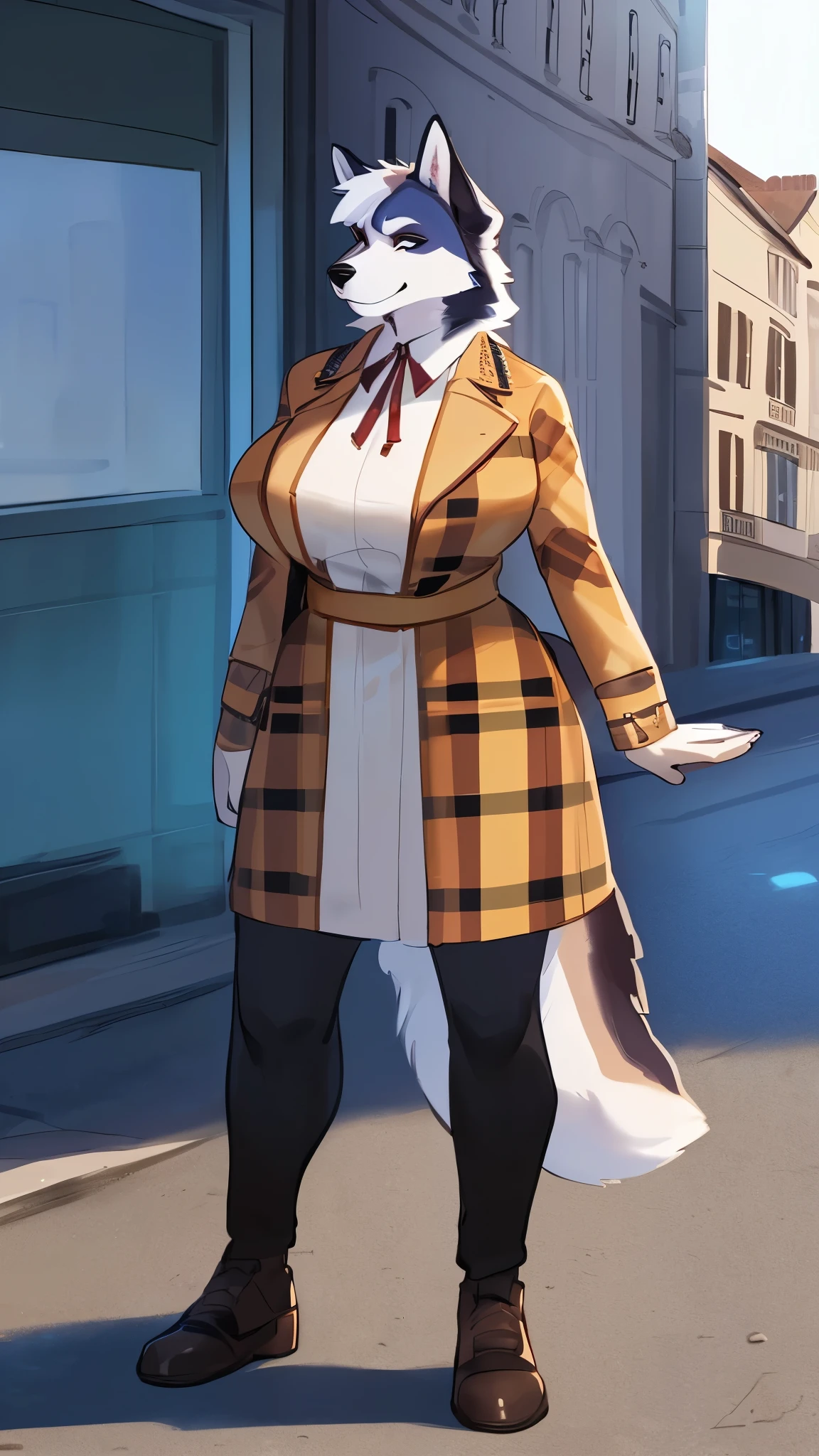By bebebebebe, by lostgoose, by goonie-san, solo, female, canine, (((hair, malamute))), standing, (tail, snout, detailed eyes), standing, (french city), ((burberry outfit)), big breasts