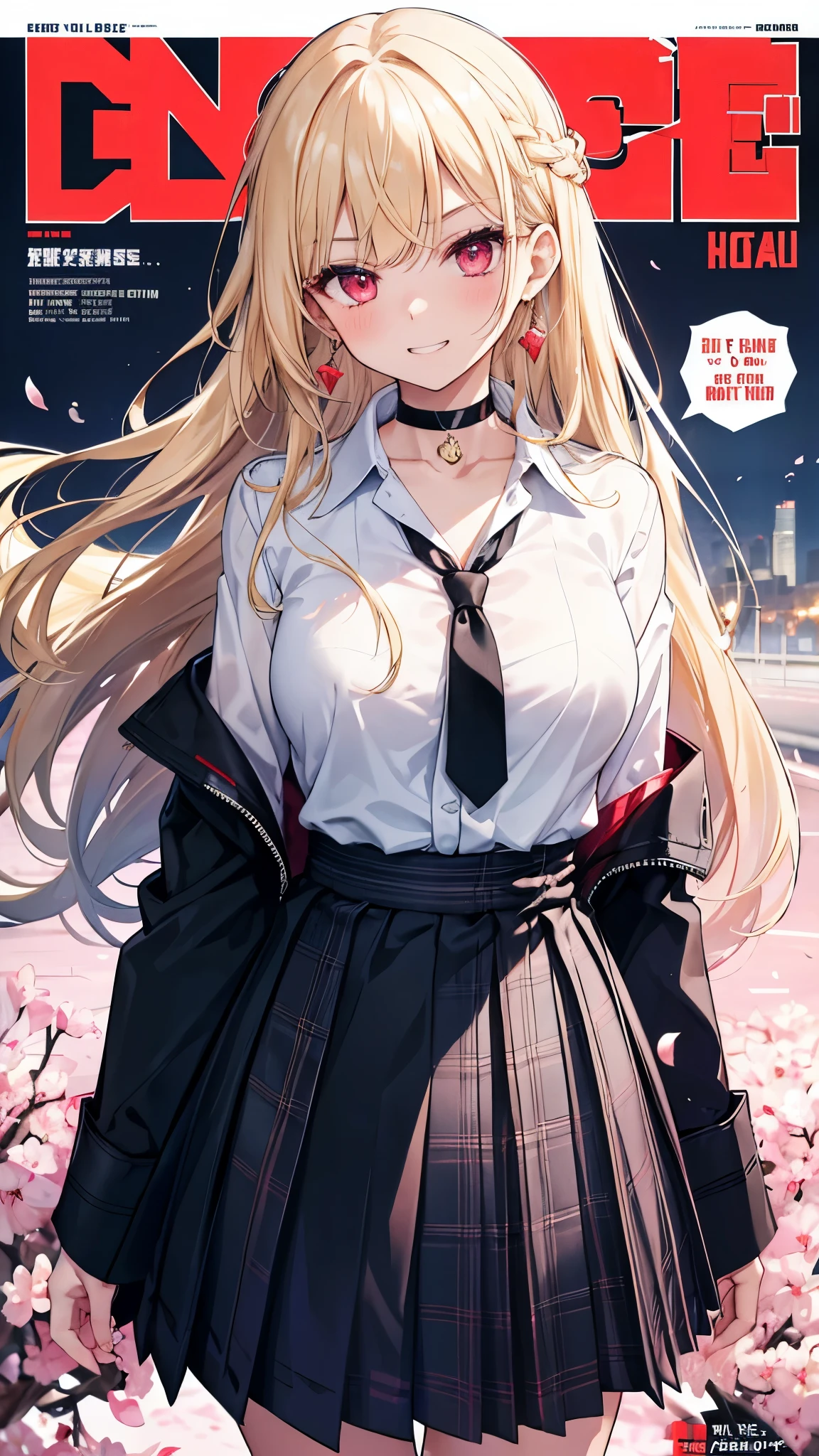 masterpiece, highest quality, whole body, 1 girl, bangs, black choker, black tie, blonde hair, blue skirt, blush, bracelet, chest, choker, clothes around it waist, clavicle, collared shirt, cowboy shot, dress shirt, ear earrings, eyebrows visible through hair, gradient hair, grin and laugh, Improve, jewelry, Kogal, long hair, looking at the viewer, loose tie, tie, earrings, Plaid, Plaid skirt, pleated skirt, red eyes, ring, school uniform, shirt, skirt, smile, alone, white shirt, street, null, cherry blossoms, petal,figure, (magazine:1.3), (cover-style:1.3), fashionable, woman, vibrant, clothing, take a pose, front, colorful, dynamic, background, element, With confidence, Performance, holding, statement, accessories, majestic, coiled, around it, touch, scene, article, cover, bold, to attract attention, title, stylish, Font, catchy, headline, bigger, impressive, modern, trend, concentrated, fashion,