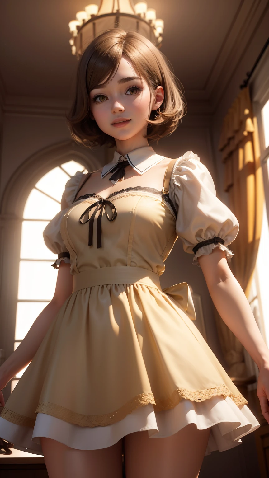 highest quality, masterpiece,  1 girl, light smile, dramatic lighting, from below、maid cosplay、mini skirt、Light Brown Short Bob Hair、bedroom、3D rendering