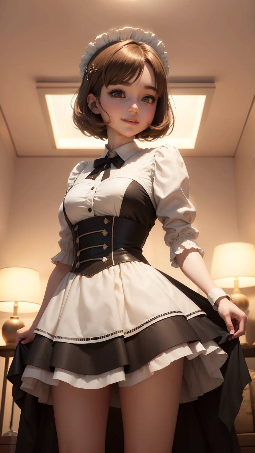 highest quality, masterpiece, 1 girl, light smile, dramatic lighting, from below、maid cosplay、mini skirt、Light Brown Short Bob Hair、bedroom、3D rendering