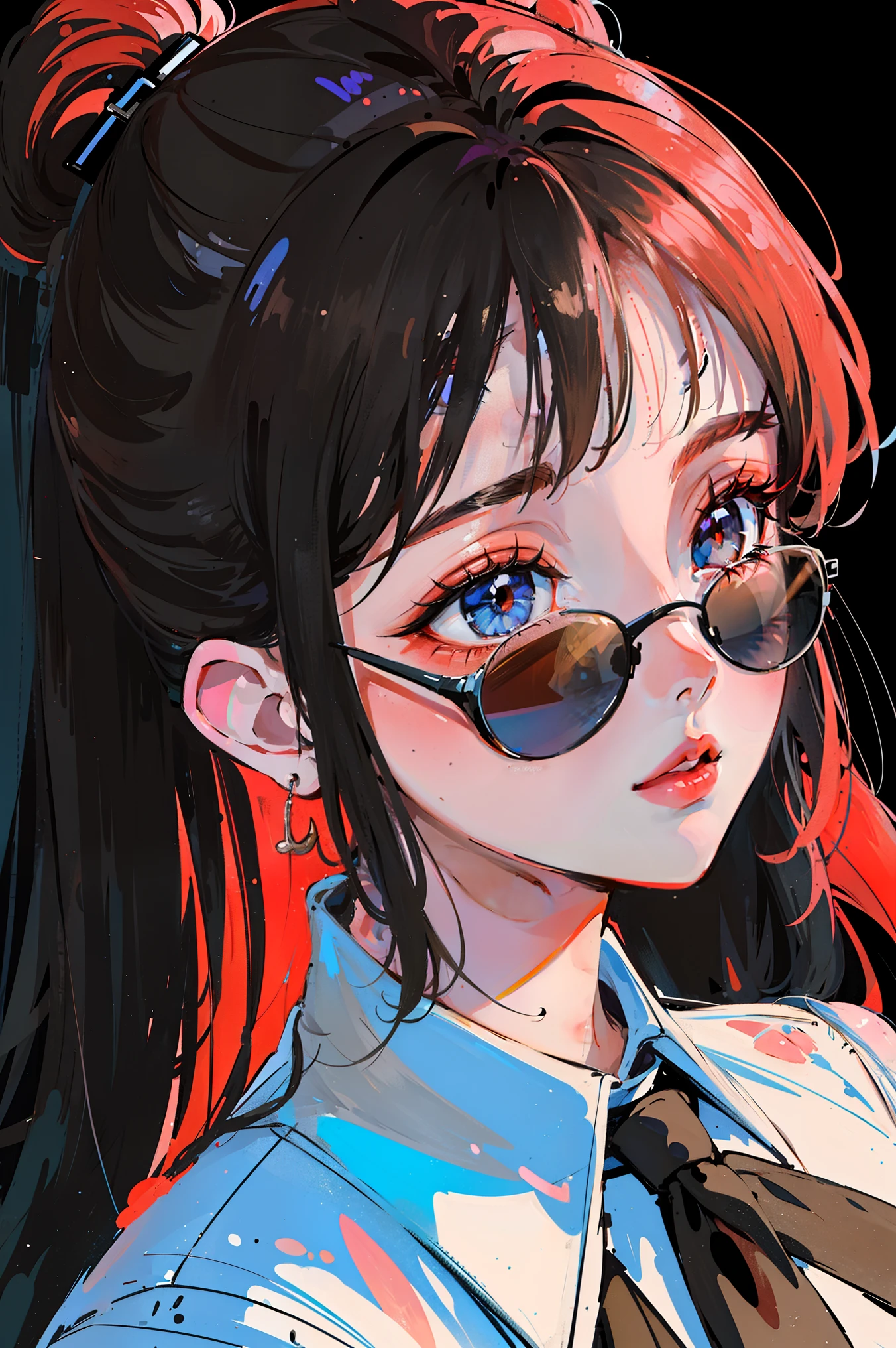 (Portraits:1.4), (masterpiece:1.2, best quality:1.2), from above, upper body, 1girl, Look up, face focus, extremely detailed face, extremely detailed eyes, good-looking, make up, finger on lips, sunglasses, fashion wear, earrings,