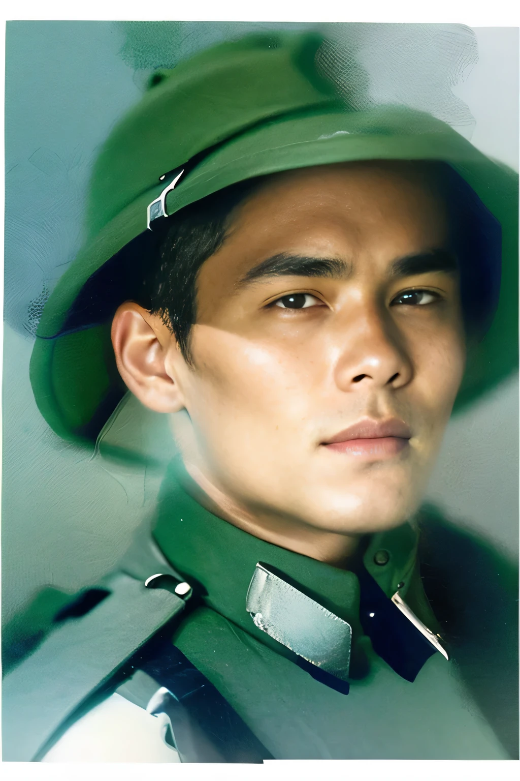 Highly realistic photo, ((masterpiece), (best quality), (raw photo), (photorealistic:1.4), Portrait of a Vietnamese soldier, wearing a MuCoi and green army uniform , ((light blue background)) , photo taken by Sony A7IV