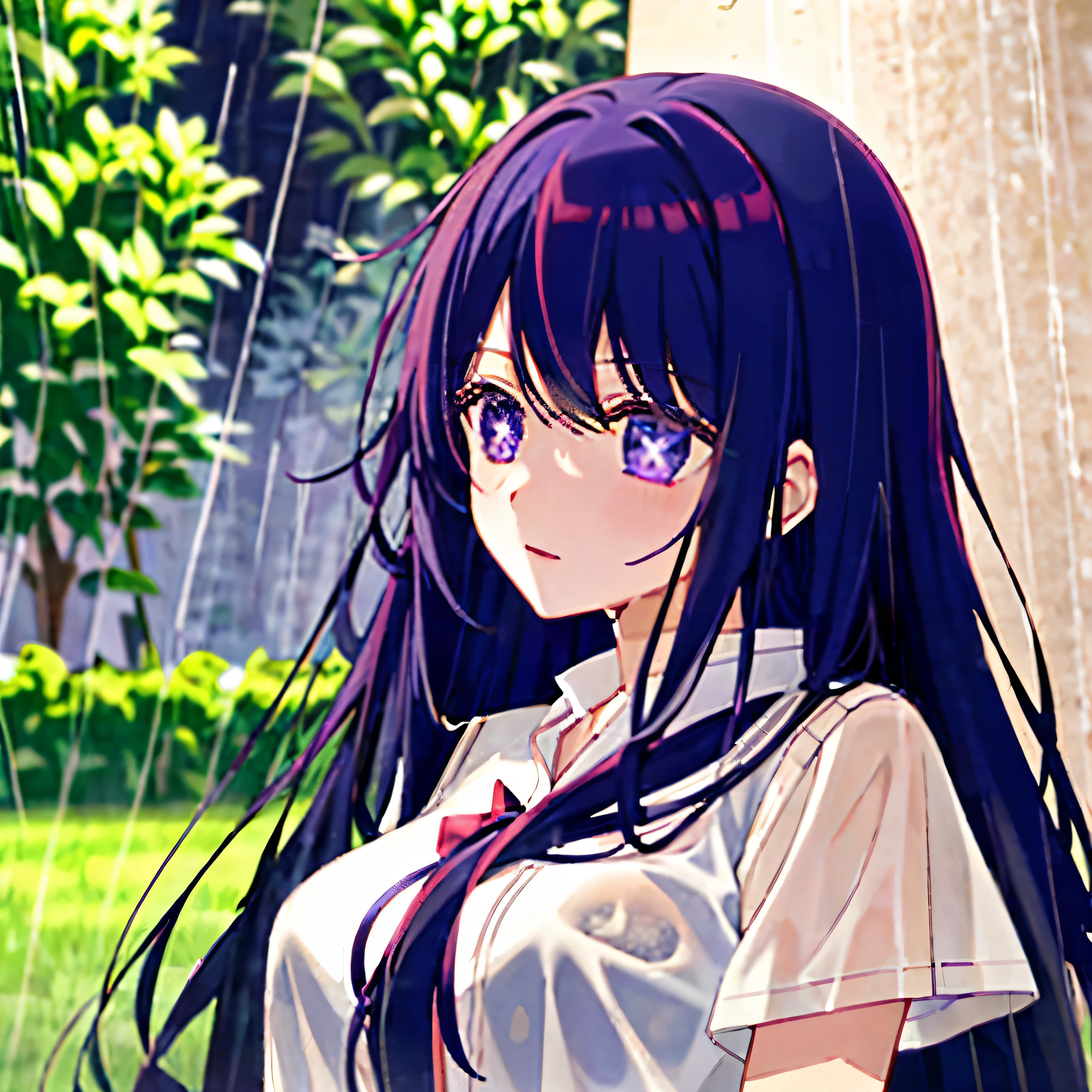 one-girl((There is a five-pointed star in the eye))A girl with long purple hair,very heavy rain,In the rain,large lawn,Drenched