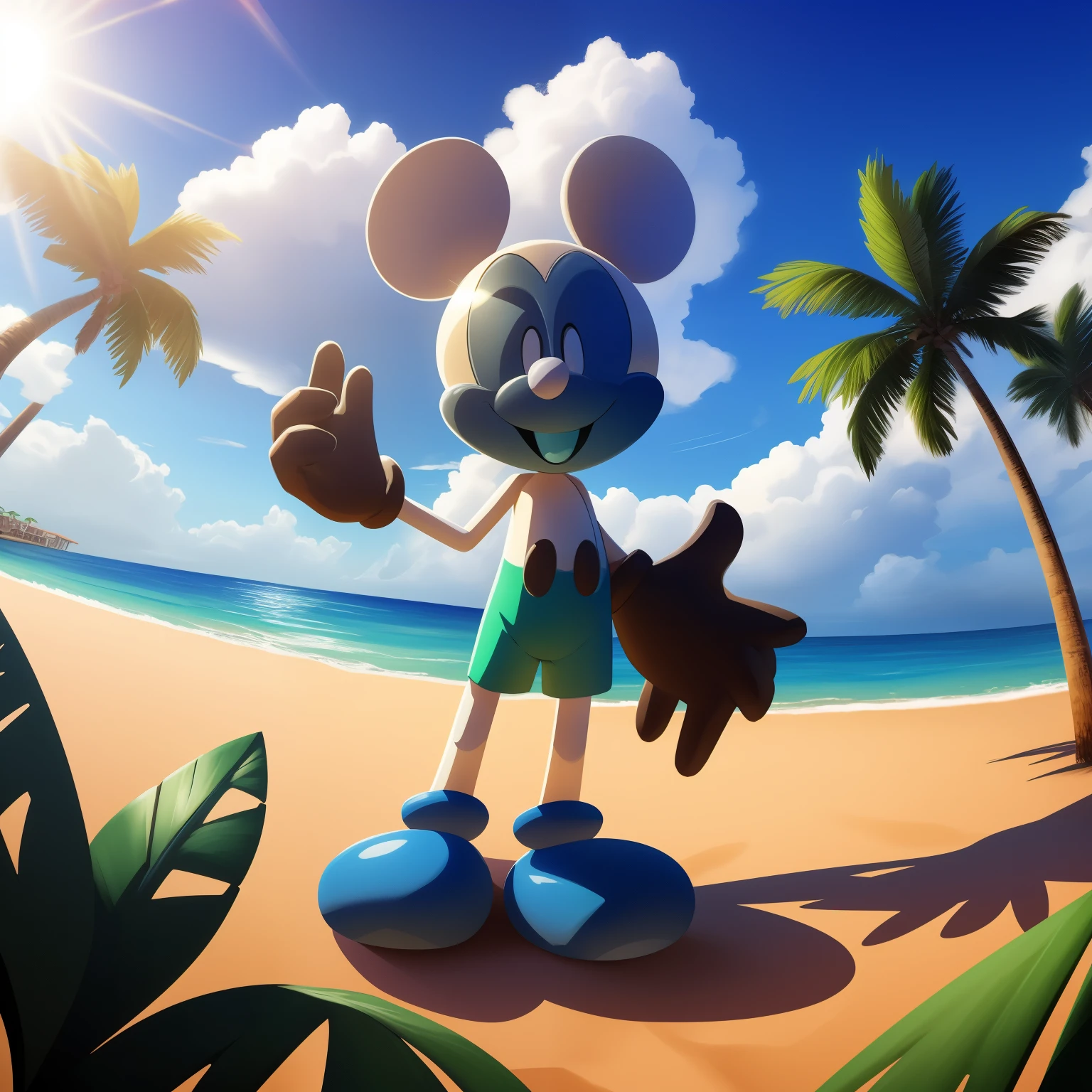 Mickey Mouse, black circular eyes with white pupils, open smile, staring at the viewer, closer to the viewer, full body, enjoying the place, dynamic angle, beach background, detailed art, palm trees, intricate details, dynamic pose