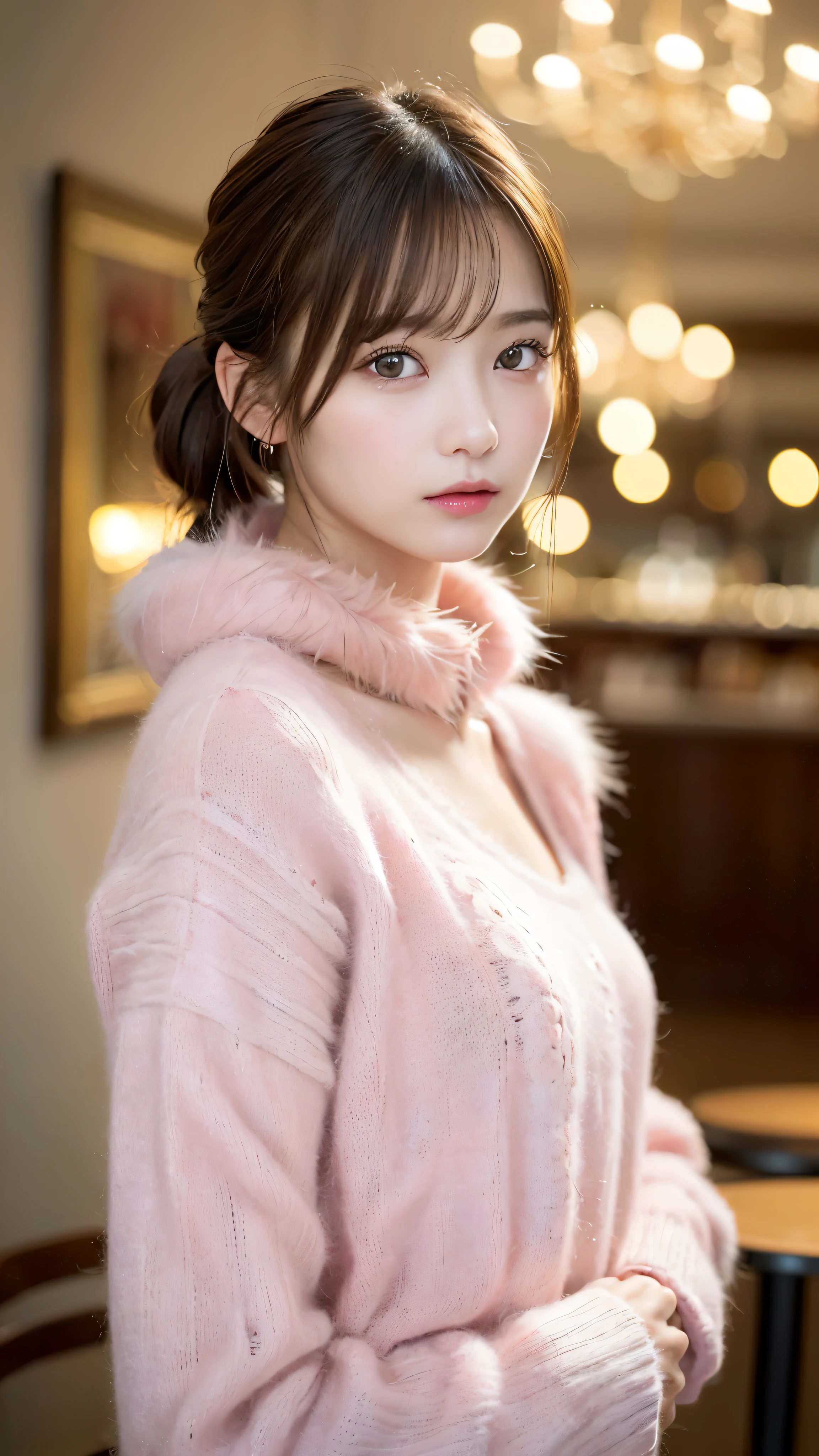 (masterpiece:1.5)、(realistic:1.5)、(highest quality:1.4、8K、RAW photo）、 ultra high resolution、professional lighting、perfect dynamic composition、Photographed at an antique and stylish cafe、 film grain、chromatic aberration、(Bokeh:1.1)、 Frank、Sophisticated、charm、超realistic、high detail、golden ratio、 (1 girl)、slender girl、繊細でcharm女の子、cute woman:1.4、 serious expression、looking at the viewer、sculpture installation、light brown hair、shining hair、Hair style is ponytail、 skin that looks real、 close your mouth、fine eyes、double eyelid、thin arms、(wearing a pink fur sweater:1.3)