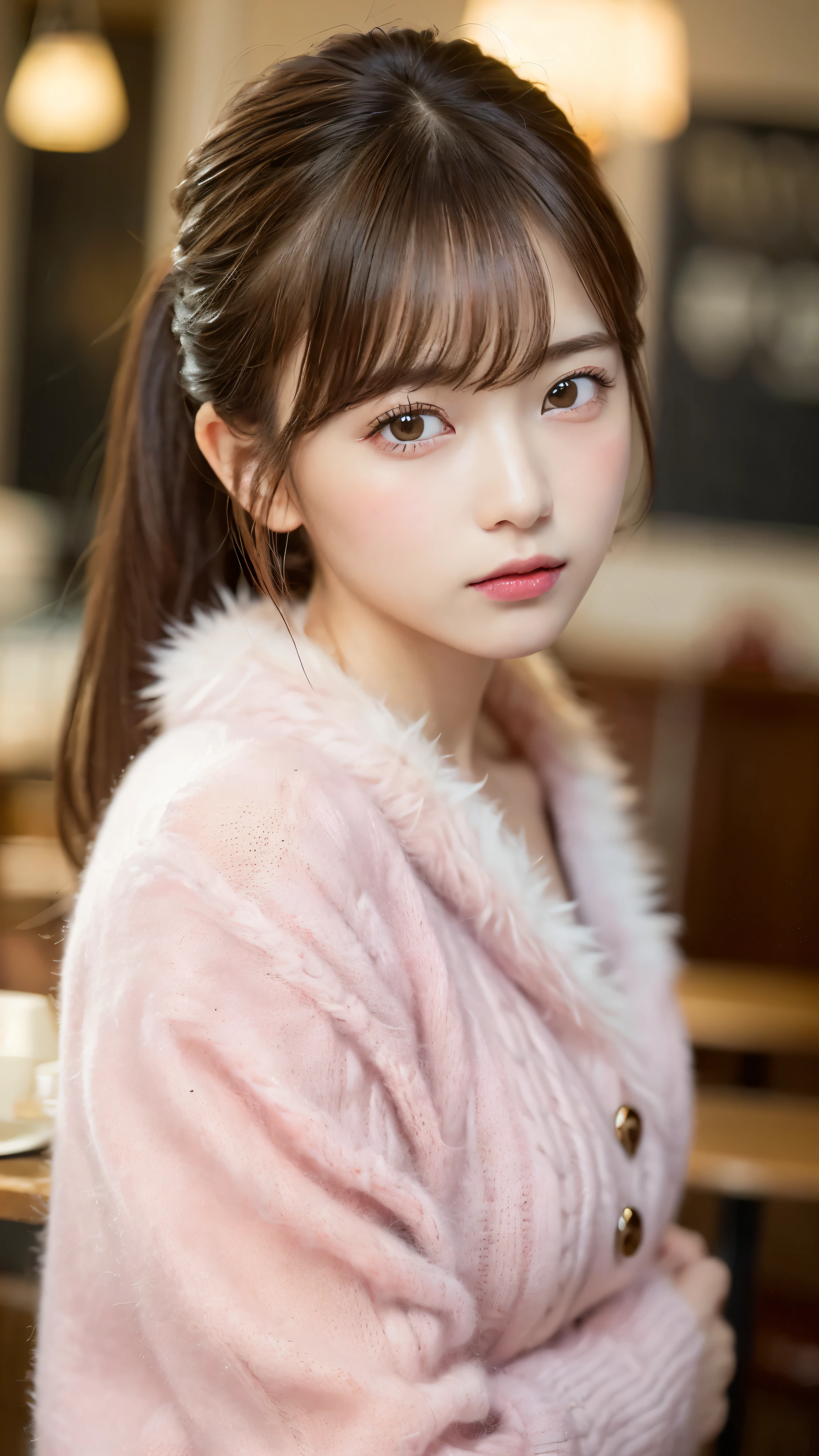 (masterpiece:1.5)、(realistic:1.5)、(highest quality:1.4、8K、RAW photo）、 ultra high resolution、professional lighting、perfect dynamic composition、Photographed at an antique and stylish cafe、 film grain、chromatic aberration、(Bokeh:1.1)、 Frank、Sophisticated、charm、超realistic、high detail、golden ratio、 (1 girl)、slender girl、繊細でcharm女の子、cute woman:1.4、 serious expression、looking at the viewer、sculpture installation、light brown hair、shining hair、Hair style is ponytail、 skin that looks real、 close your mouth、fine eyes、double eyelid、thin arms、(wearing a pink fur sweater:1.3)