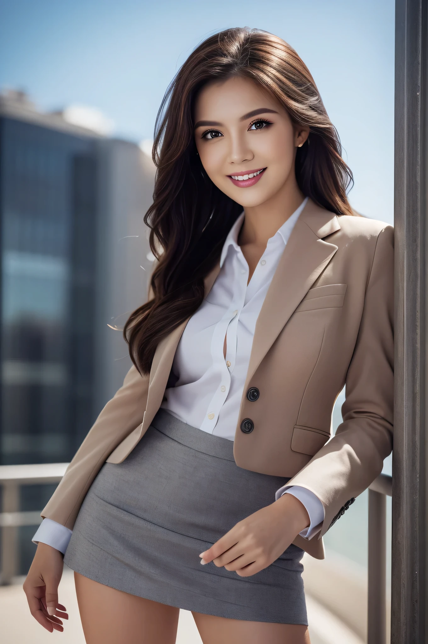 (1woman), Beautiful, Amazing face and eyes, makeup, (extremely detailed beautiful face), seducting smile, (Best Quality:1.4), (Ultra-detailed), (extremely detailed CG unified 8k wallpaper), Highly detailed, raw photos, Professional Photography, (Business Suit, Mini skirt:1.2), (Business shirt with wide open chest), (Spread legs), (view from below:1.2)