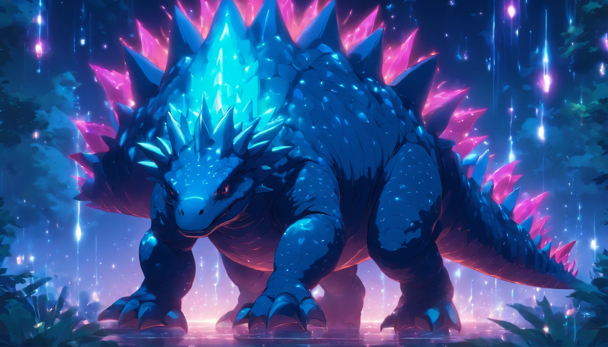 Stegosaurus, deep teal blue with a luminescent light red glow, light red lines, glowing iridescent orbs all around, Dancing Lights, masterpiece, best quality