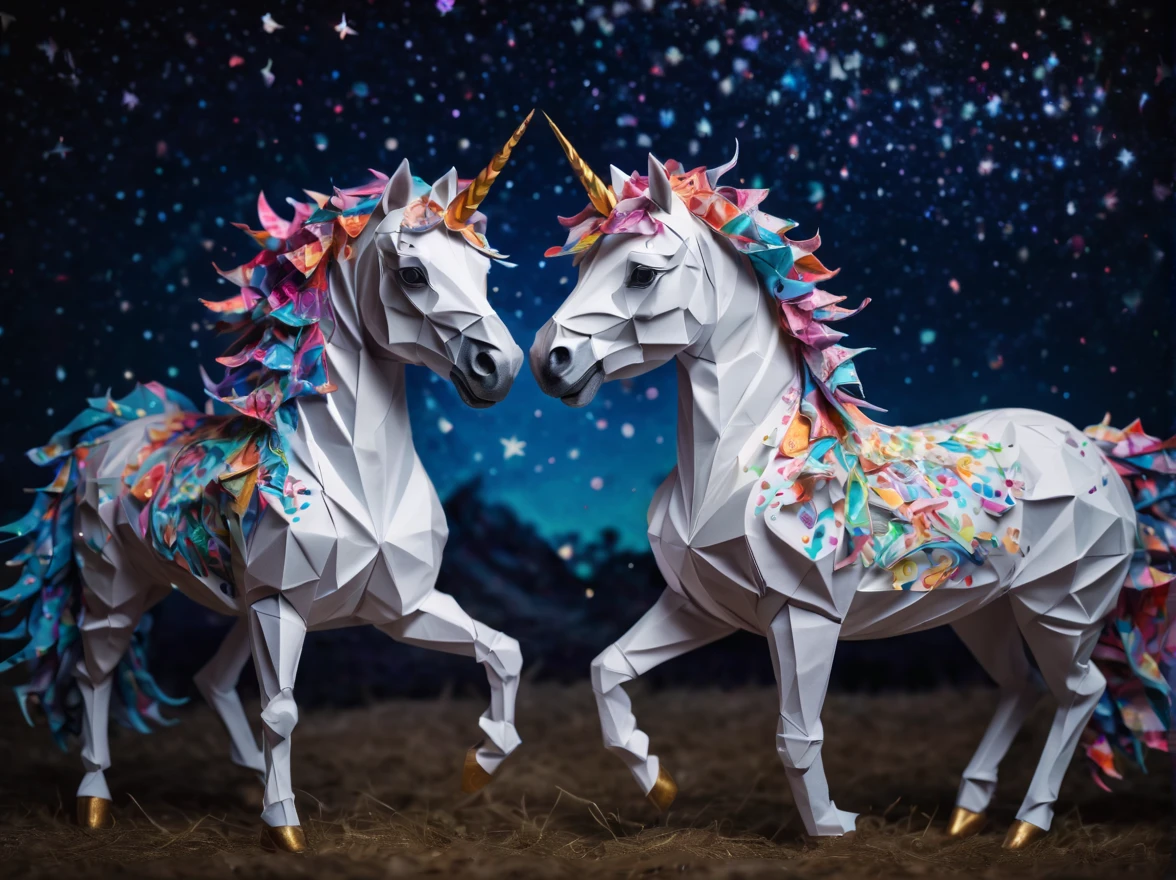 Full scene. mini ponytailed unicorn portraits, big smile to the camera, starry sky, zentangled, origami, 3d crunch, magical flashes and explosions crossing the horizon,