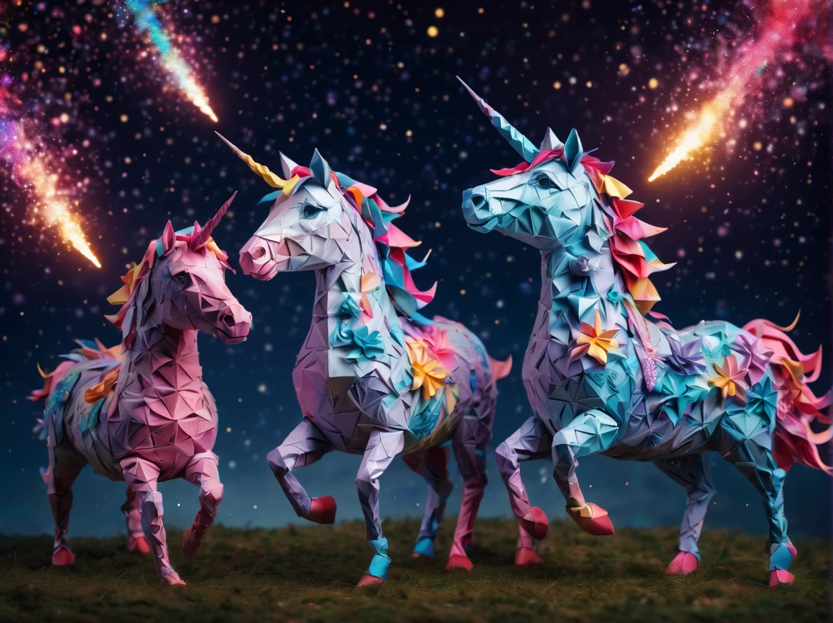 Full scene. mini ponytailed unicorn portraits, big smile to the camera, starry sky, zentangled, origami, 3d crunch, magical flashes and explosions crossing the horizon,