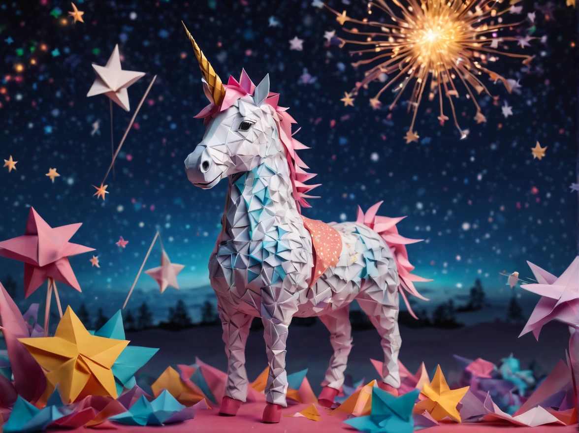 Full scene. mini ponytailed unicorn portraits, big smile to the camera, starry sky, zentangled, origami, 3d crunch, magical flashes and explosions crossing the horizon,